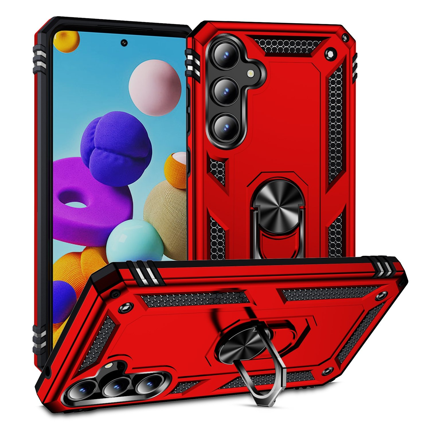 Tres fundas rojas para teléfonos con un teléfono que muestra una pantalla con un fondo azul, blanco y amarillo.