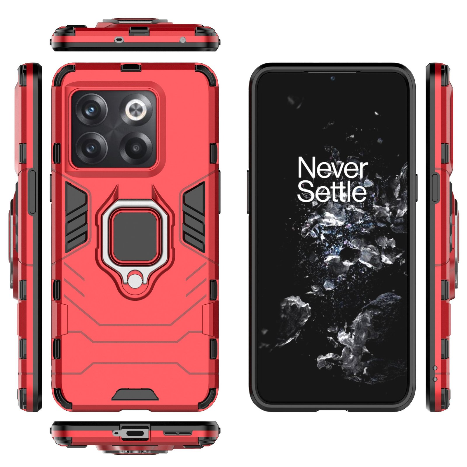 Múltiples vistas de una funda roja para teléfono, teléfono dentro, fondo blanco.