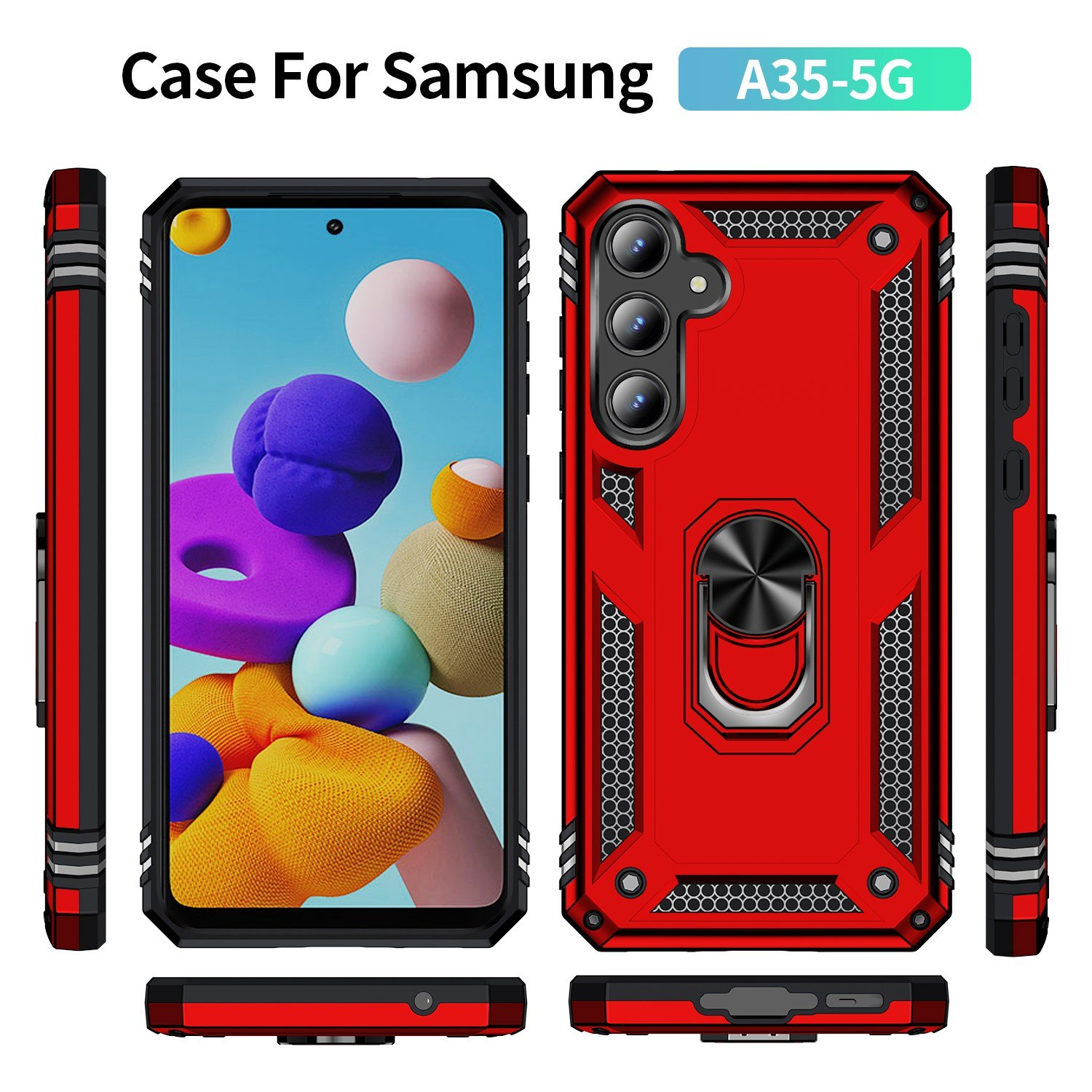 Una funda roja para Samsung A35-5G con varias vistas de la funda.