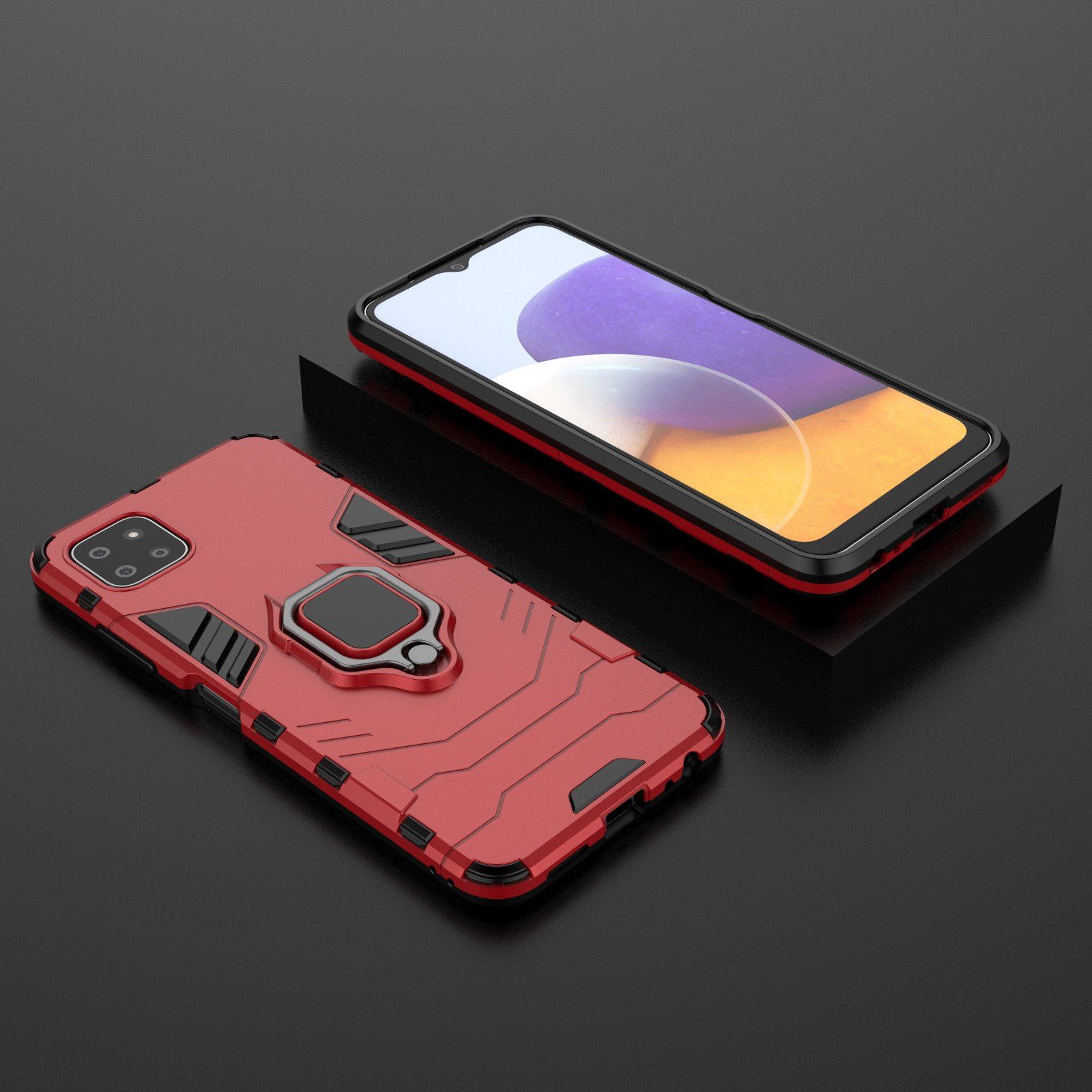 Funda roja para teléfono con soporte de anillo. Otro teléfono con pantalla encima.