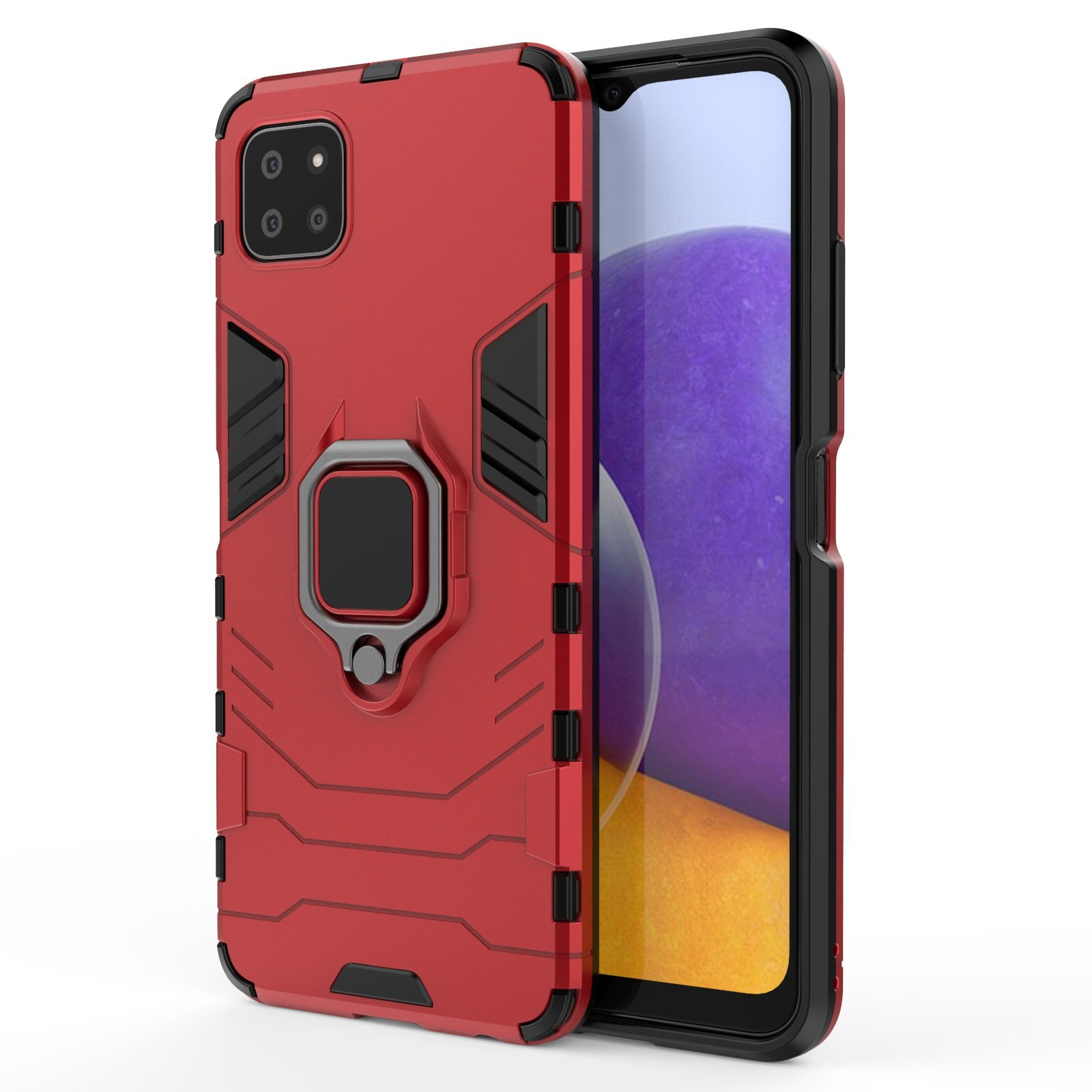 Funda roja para teléfono con detalles en negro. El teléfono está dentro de la funda. Hay un soporte de anillo en la parte trasera.