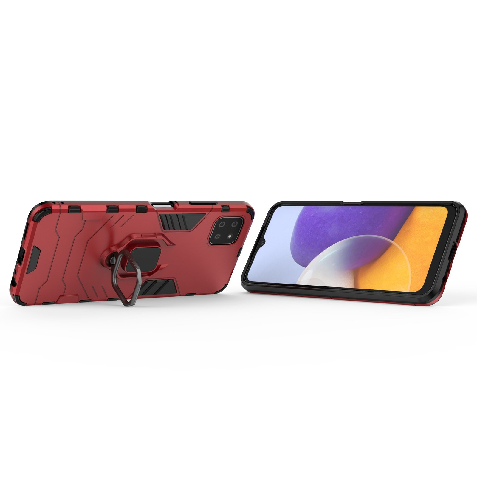 Funda roja con soporte de anillo y teléfono con pantalla morada y amarilla. Fondo blanco.