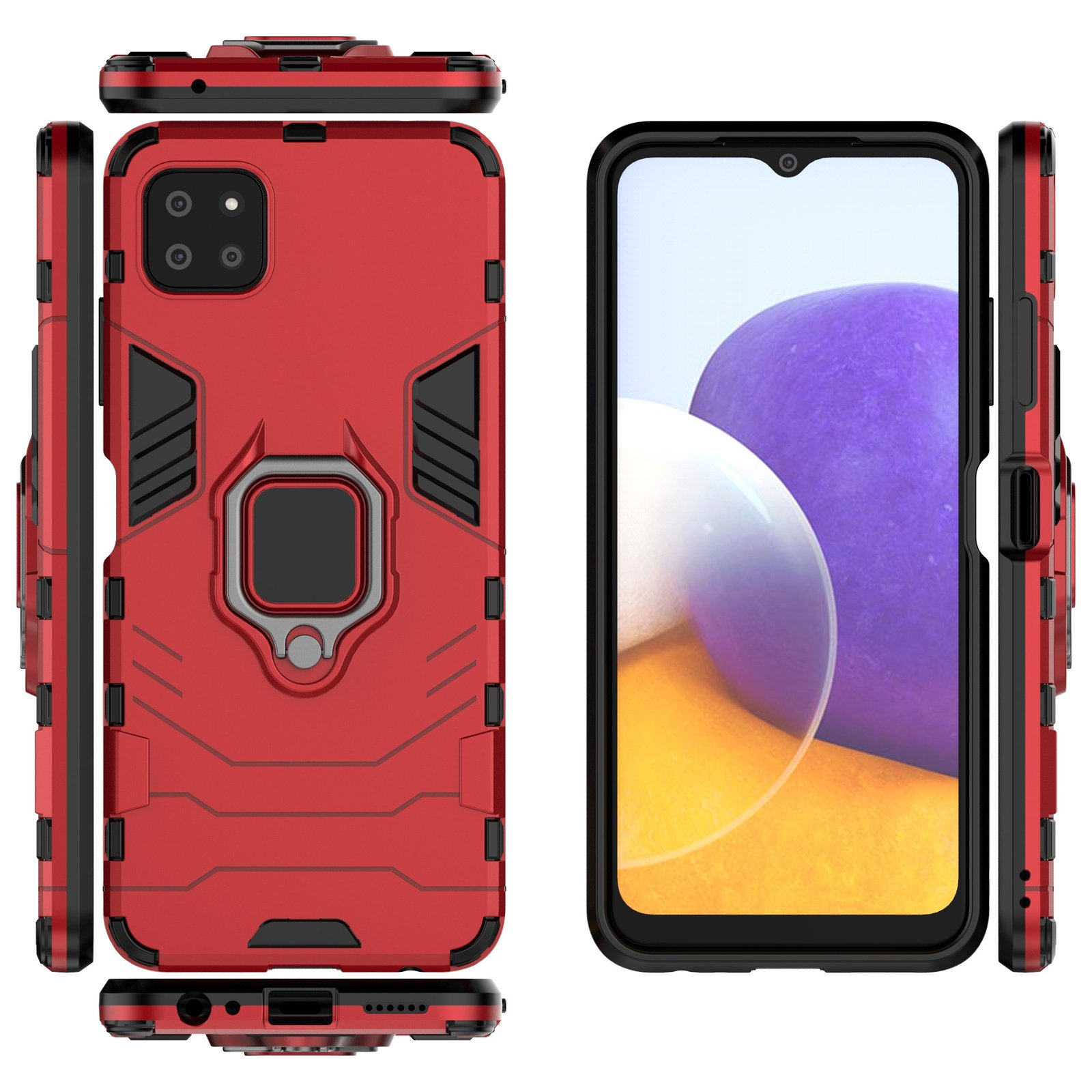 Funda de teléfono roja con un teléfono a la derecha, que muestra una pantalla abstracta de color púrpura y amarillo.