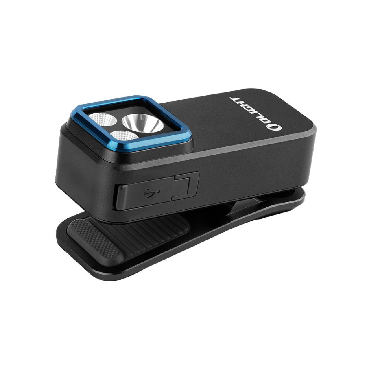 Torcia nera e blu con clip. La torcia ha tre luci e una porta USB.