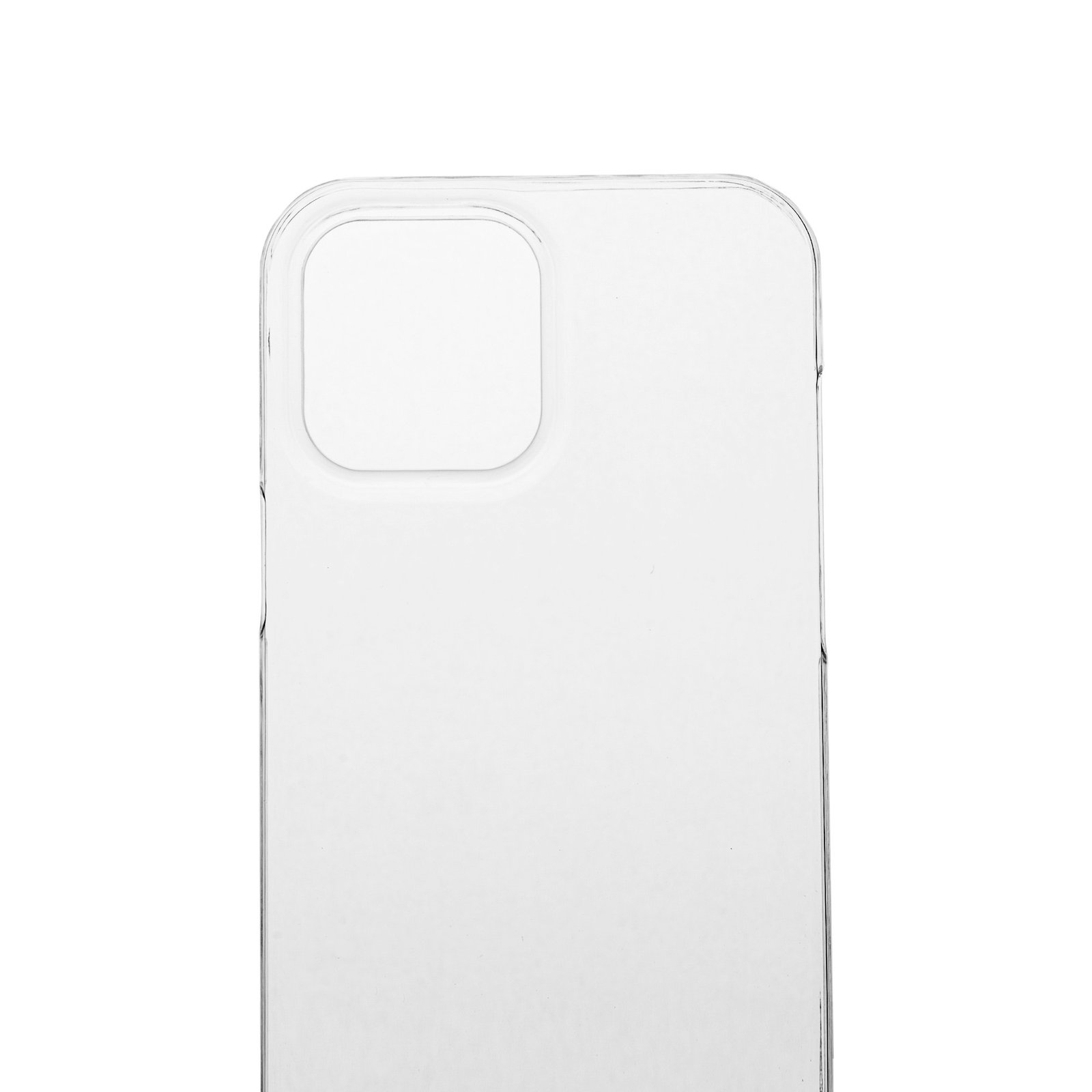 Primer plano de una funda transparente para teléfono. Muestra el recorte de la cámara.