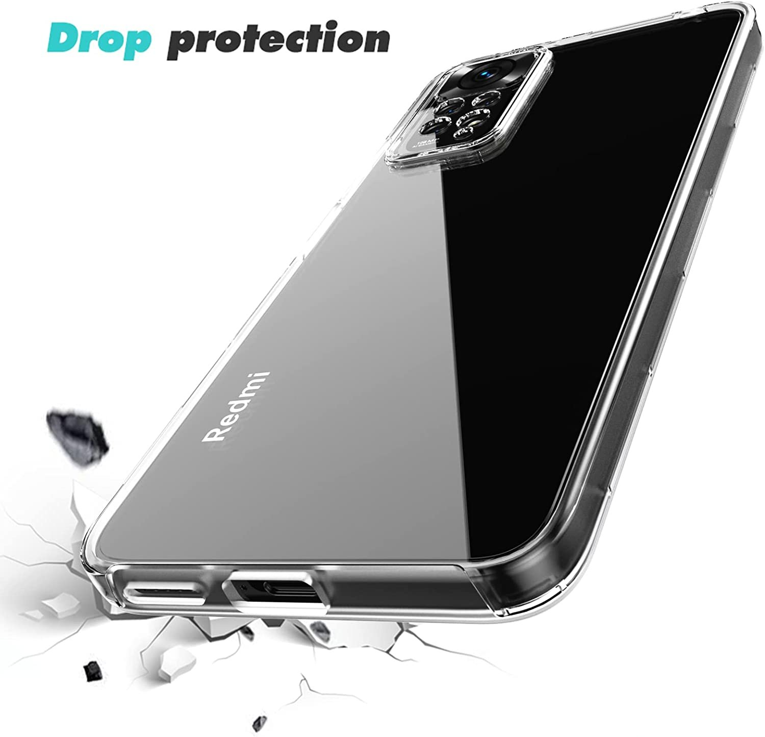 Funda transparente en un teléfono. Se muestra la protección contra caídas. Fondo blanco.