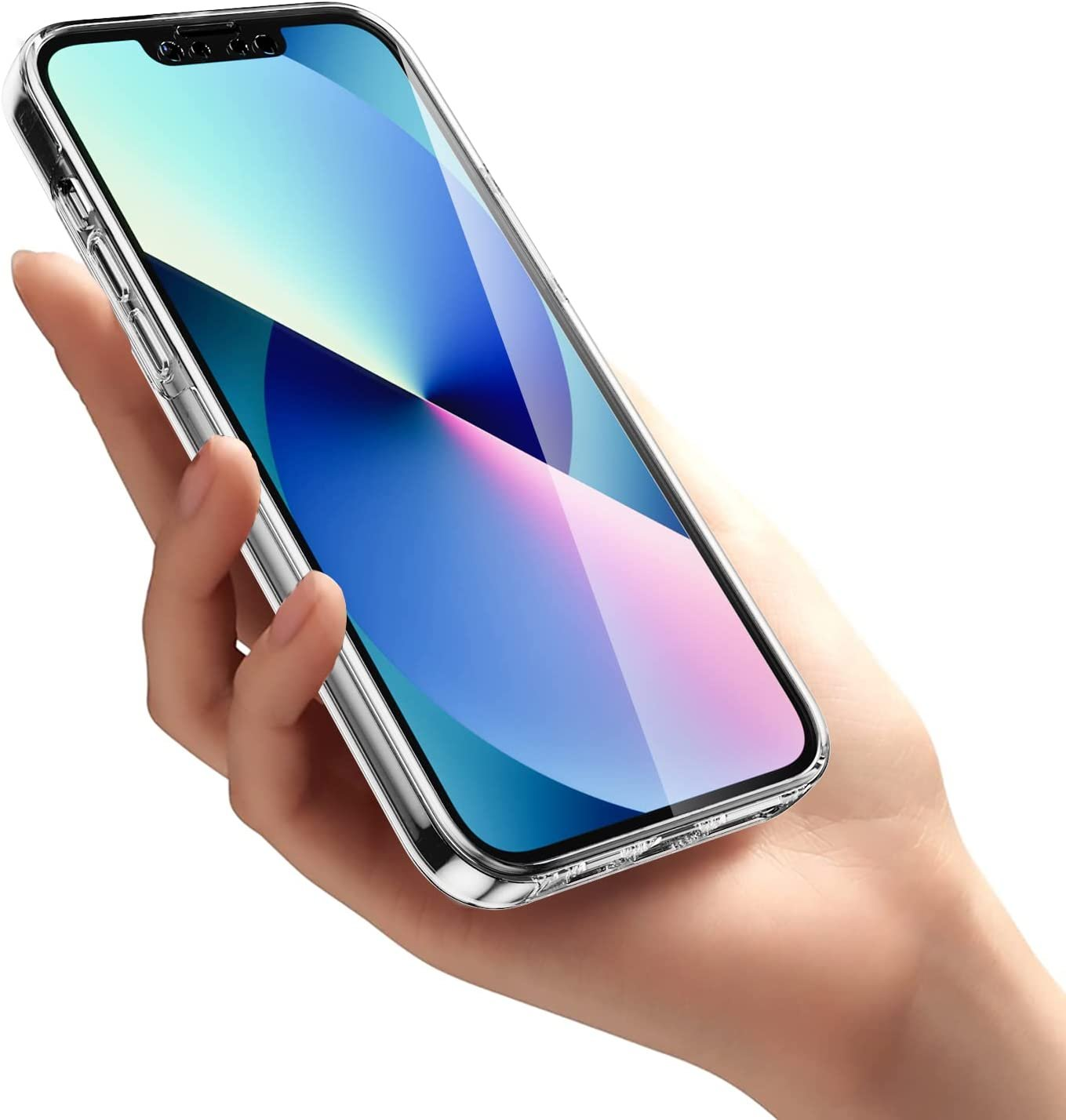 Una mano sosteniendo un teléfono en una funda transparente. La pantalla del teléfono muestra una imagen azul y verde brillante.