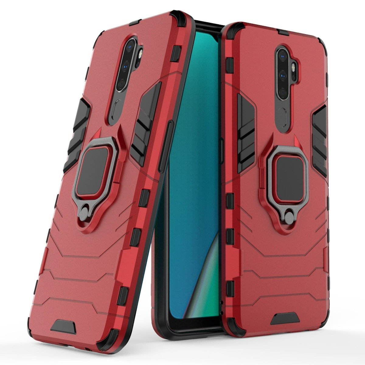 Fundas rojas con anillos. Los teléfonos están en las fundas, mostrando pantallas negras.