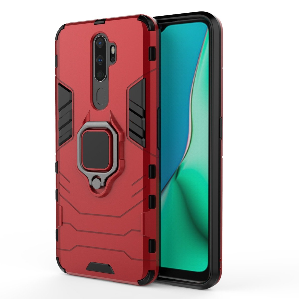 Funda roja con soporte de anillo y un teléfono. El teléfono tiene una pantalla.