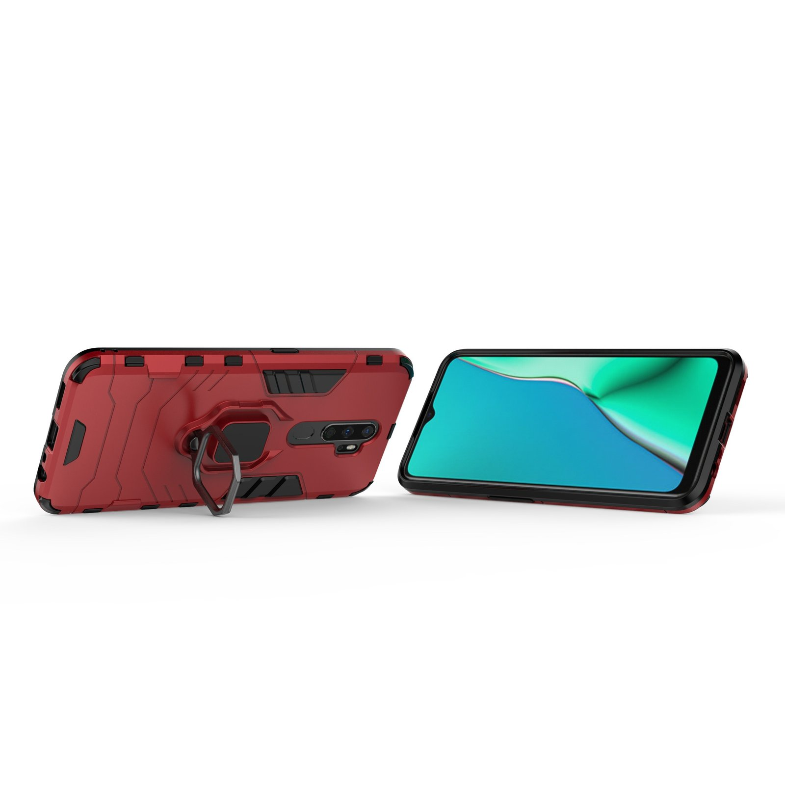 Una funda roja con soporte de anillo se muestra con un teléfono.