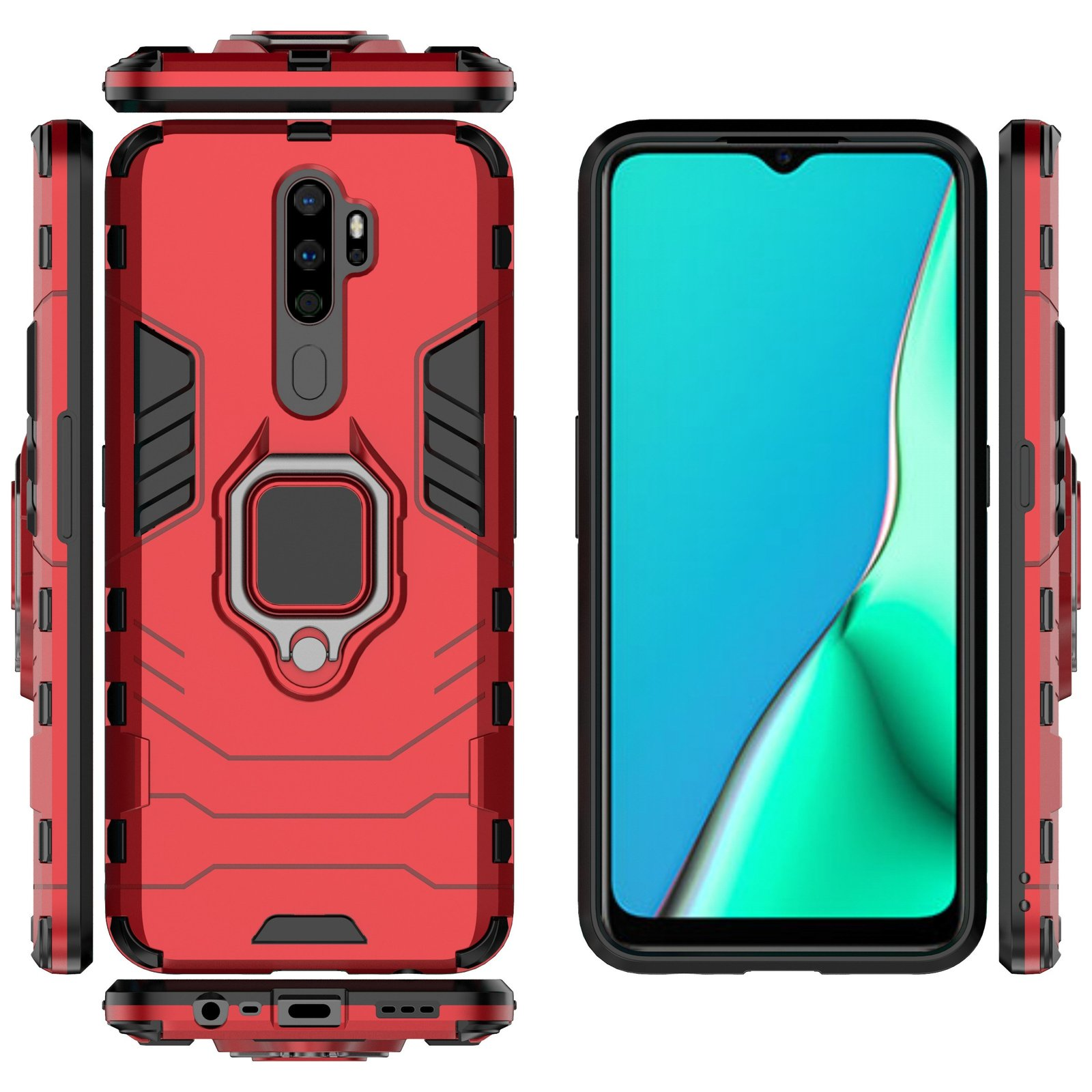 Una funda roja para teléfono con soporte de anillo. El teléfono está en la funda. El fondo es negro.
