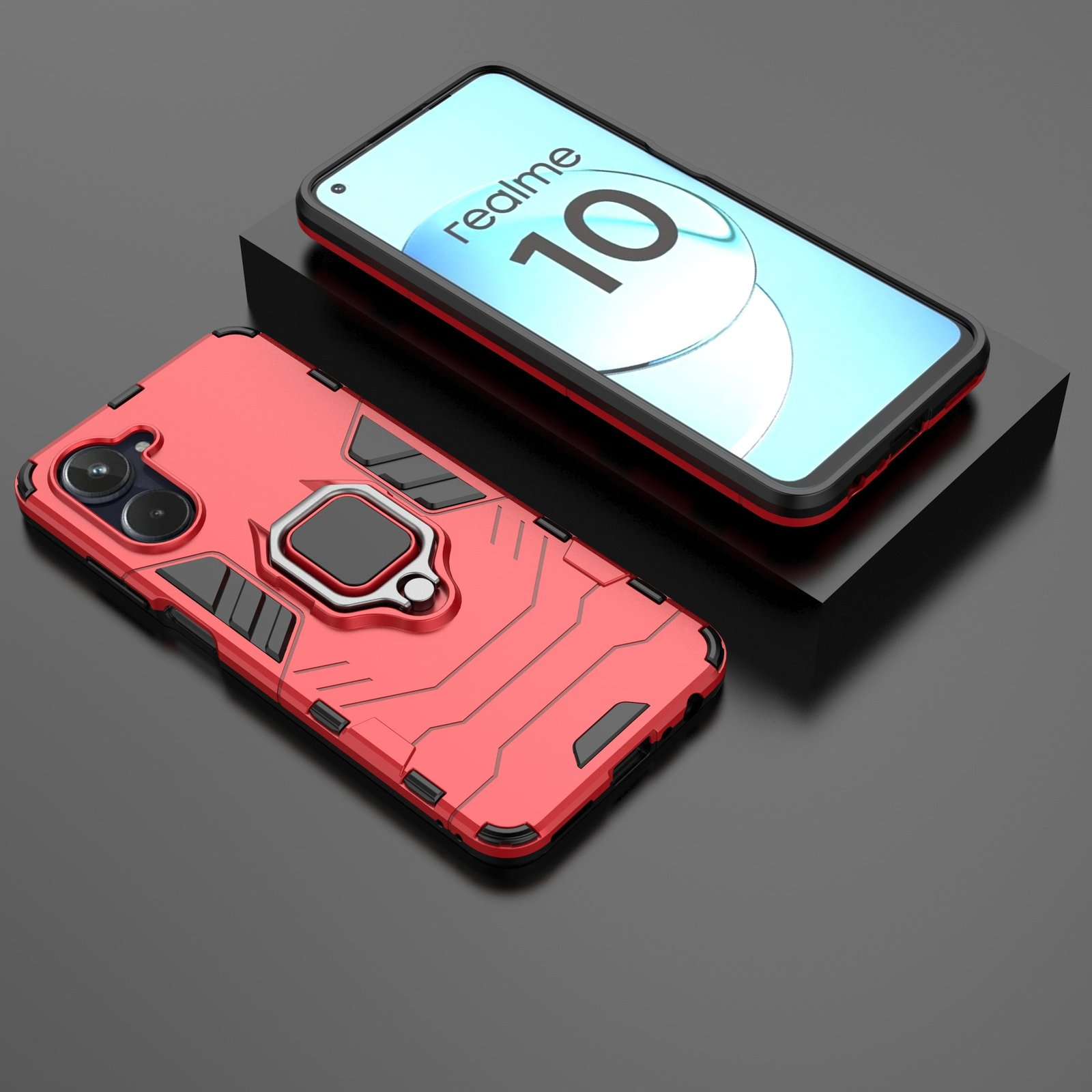 Funda roja con anillo y móvil, mostrando pantalla, colocados sobre superficie negra.