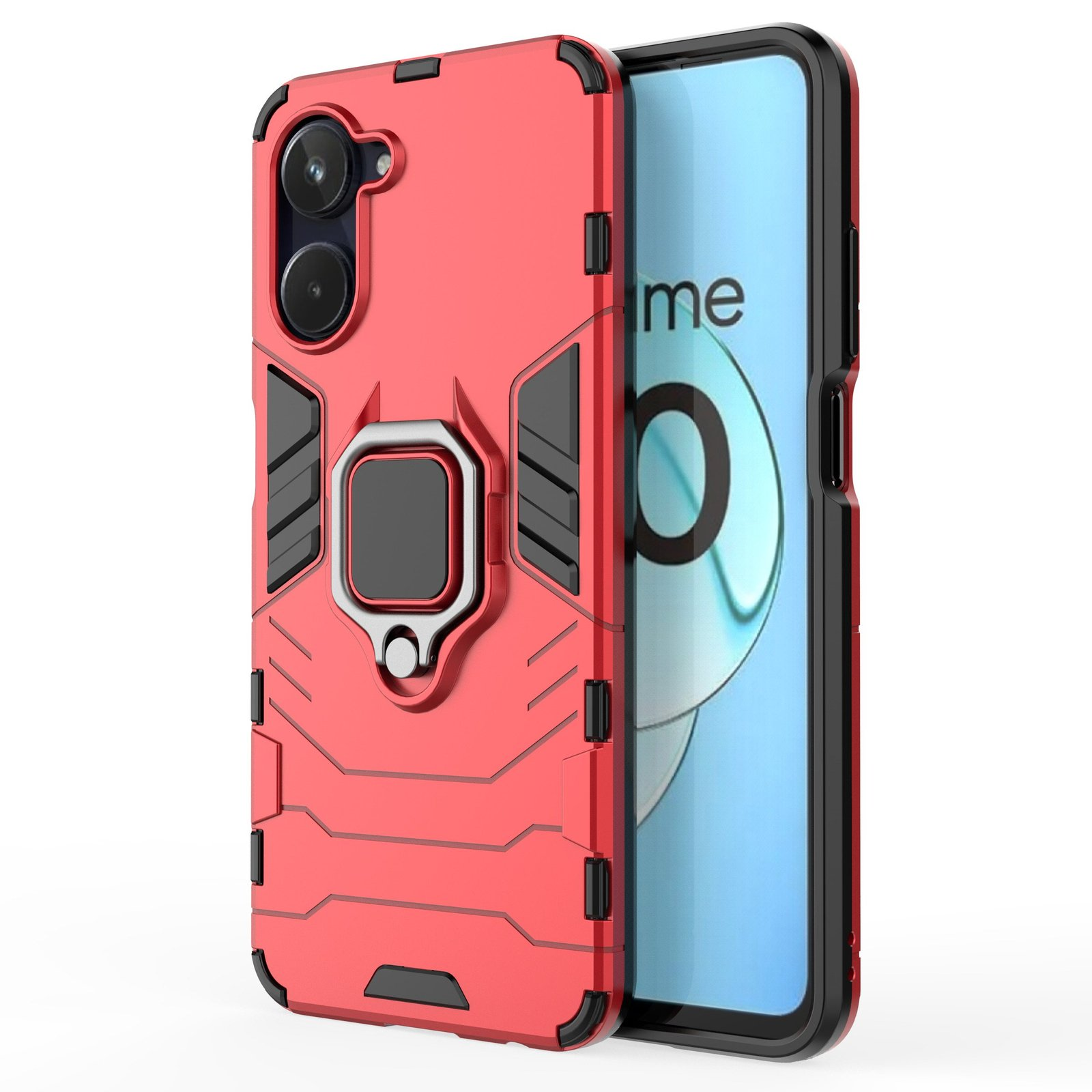 Funda roja con teléfono dentro. La funda tiene soporte de anillo.