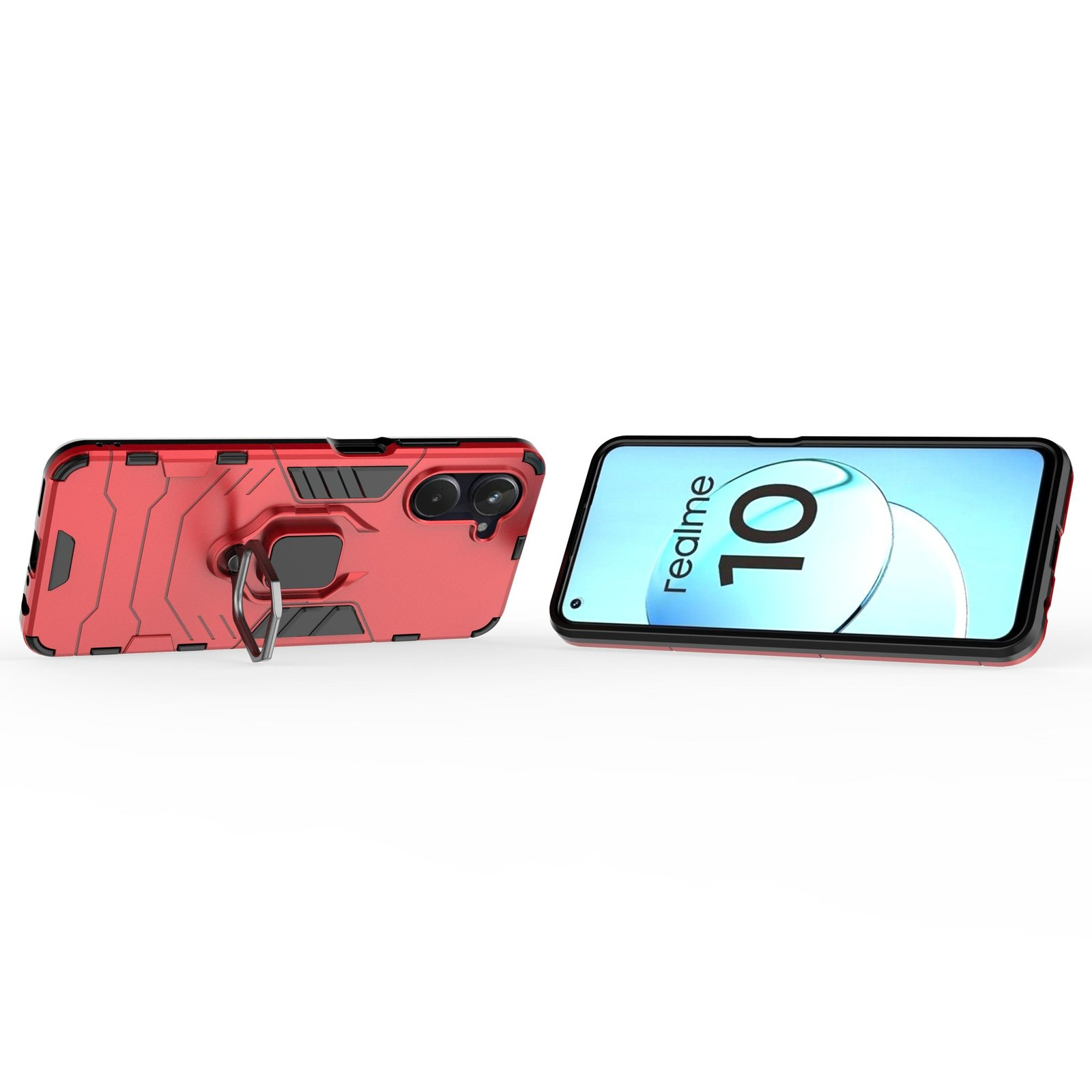Funda roja con soporte de anillo junto a teléfono con Realme 10 en la pantalla.