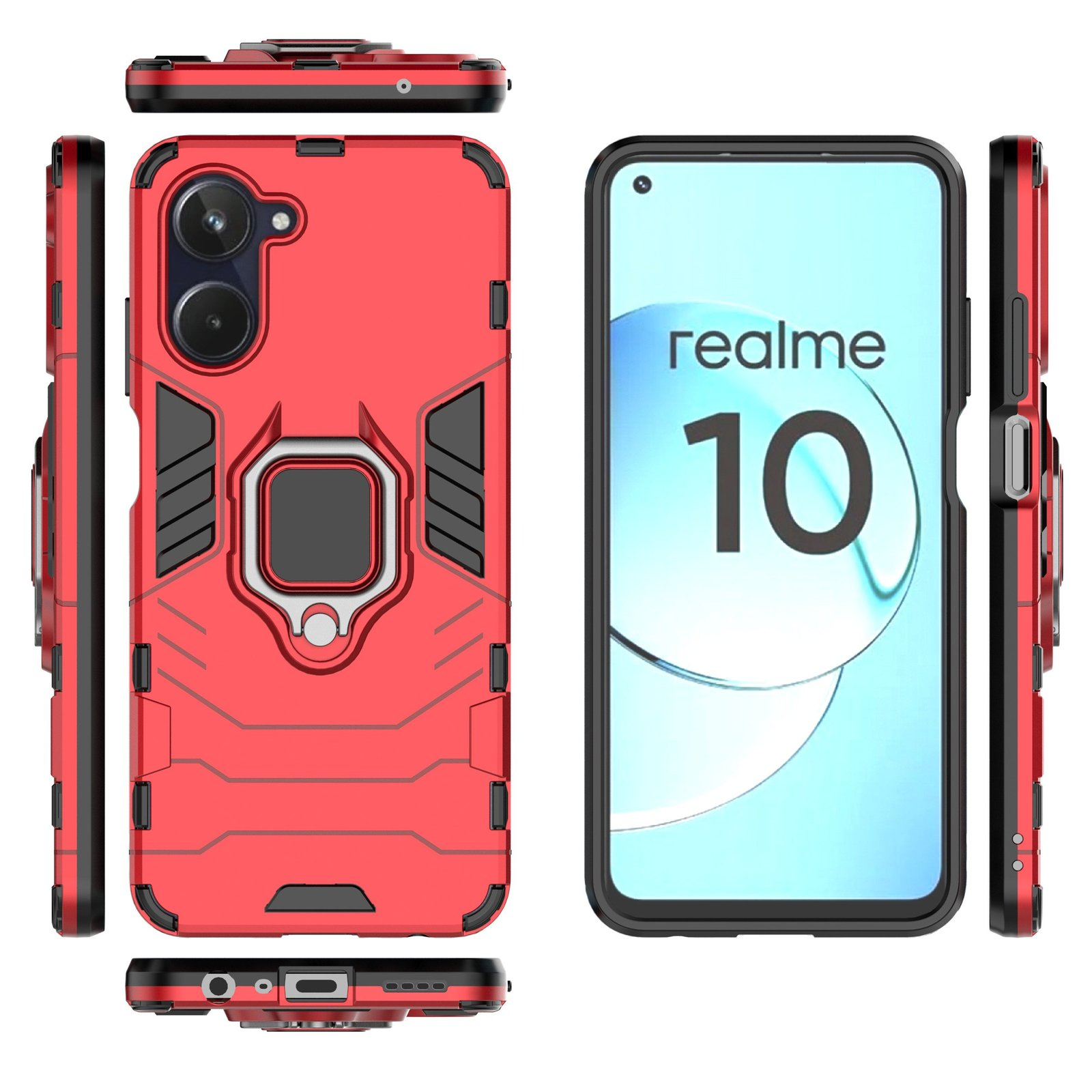 Funda roja para teléfono con soporte, teléfono con pantalla turquesa. Se muestran varios ángulos. Fondo blanco.