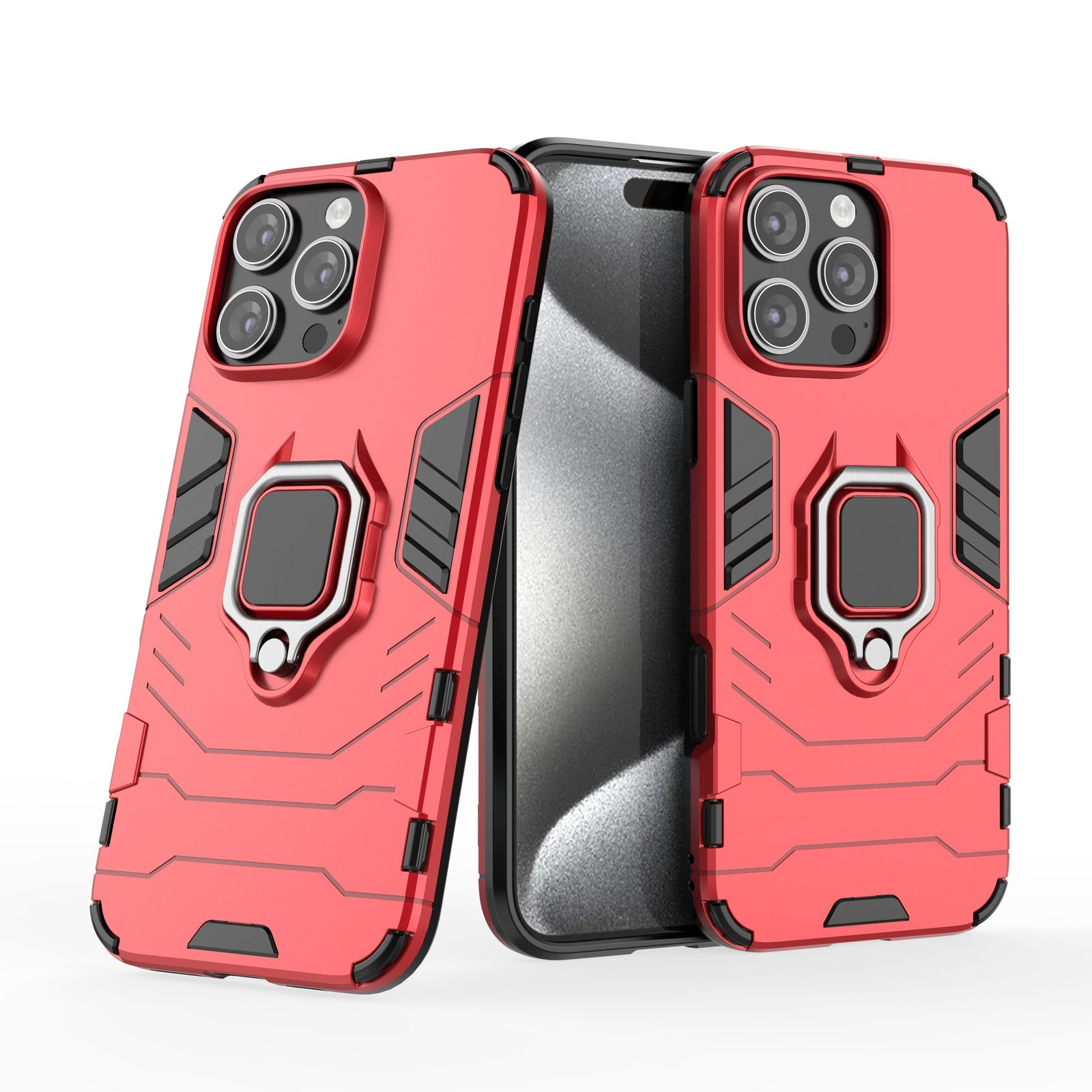 Fundas rojas para teléfono. Dos fundas rojas con soporte de anillo y teléfono con pantalla negra.