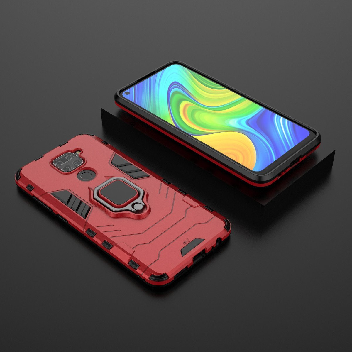 Funda de teléfono roja con un teléfono a la derecha. La pantalla del teléfono muestra la pantalla de inicio.