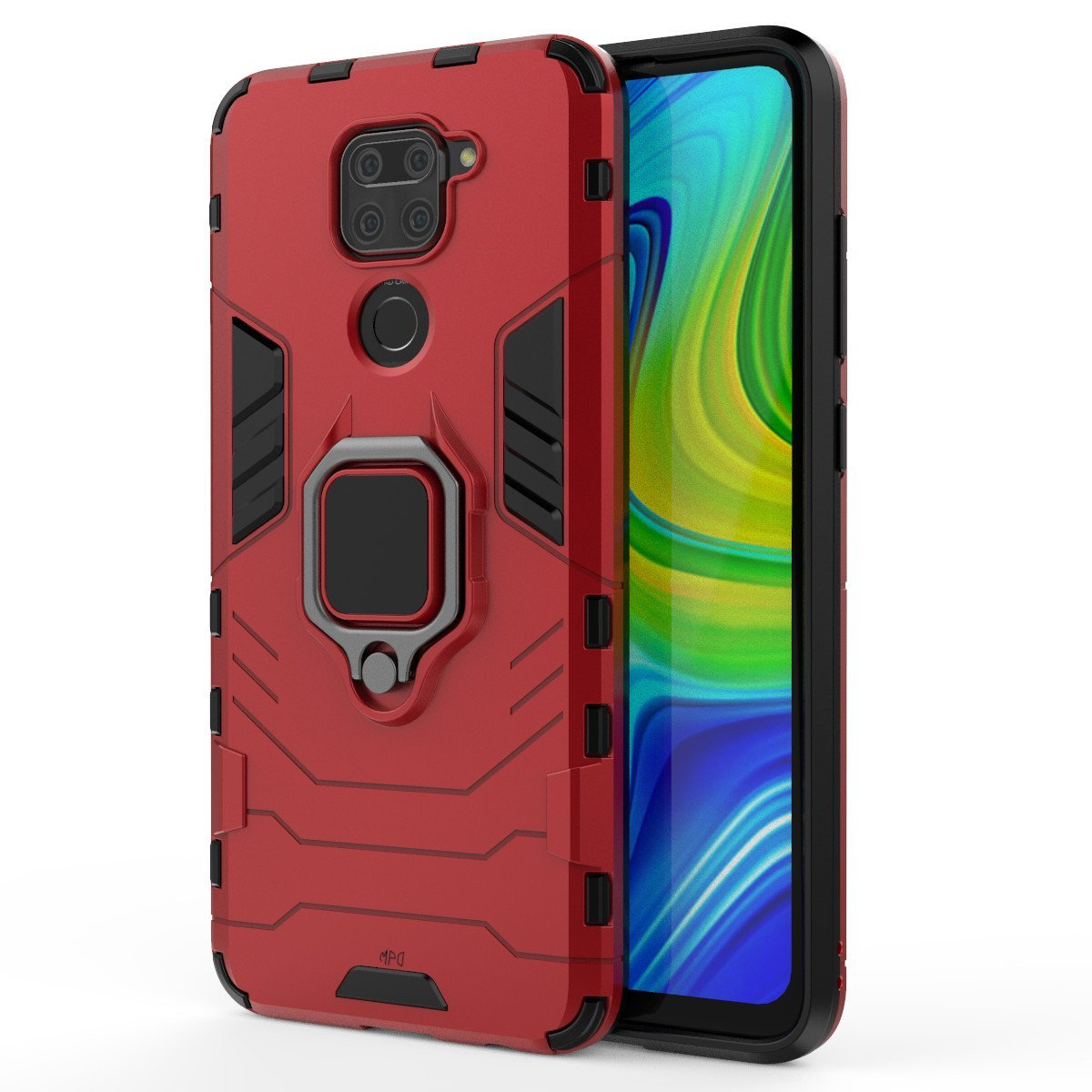 Funda de teléfono roja a la izquierda y un teléfono a la derecha. El teléfono muestra la pantalla de inicio.