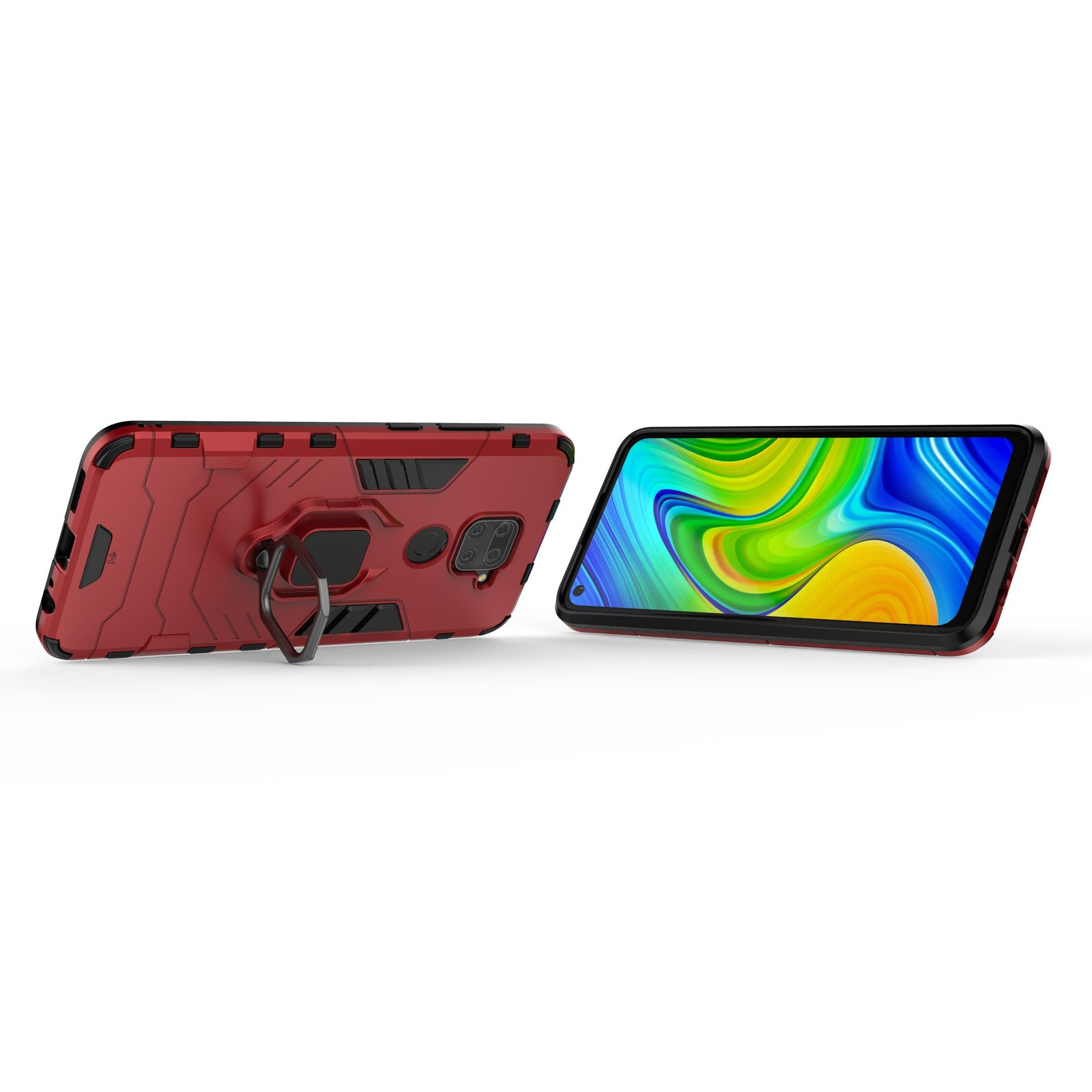 Dos teléfonos con fundas rojas. Una funda está abierta, la otra cerrada.