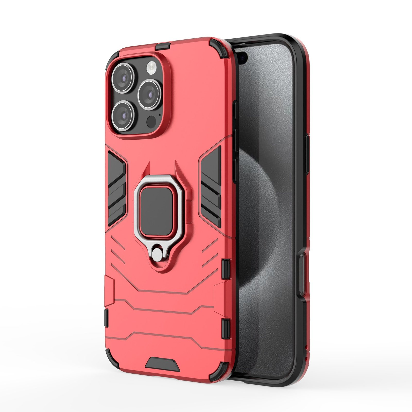Funda roja para teléfono con soporte de anillo y tres cámaras. El teléfono está a la derecha.