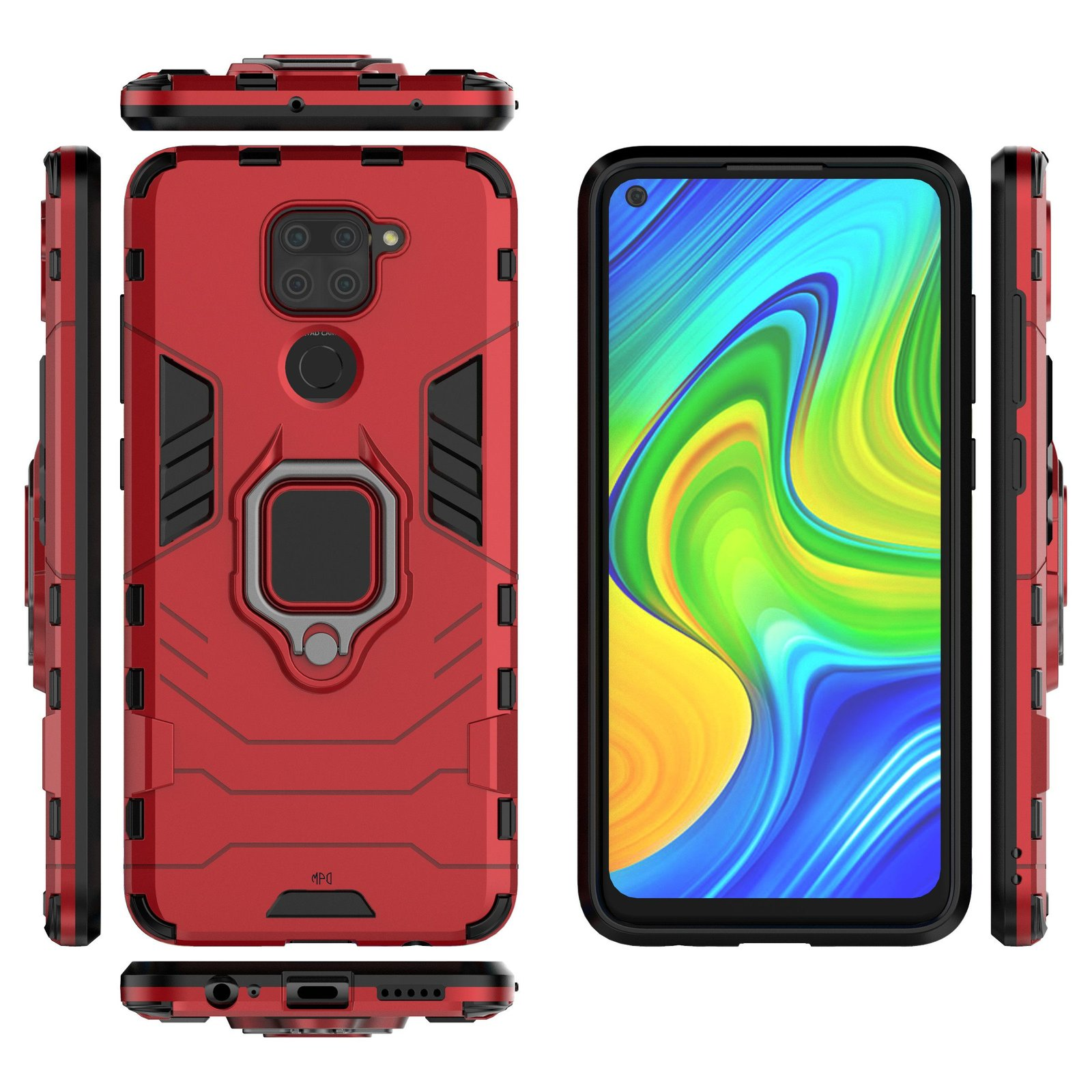 Funda roja para teléfono con soporte de anillo y el teléfono en sí. Fondo blanco.