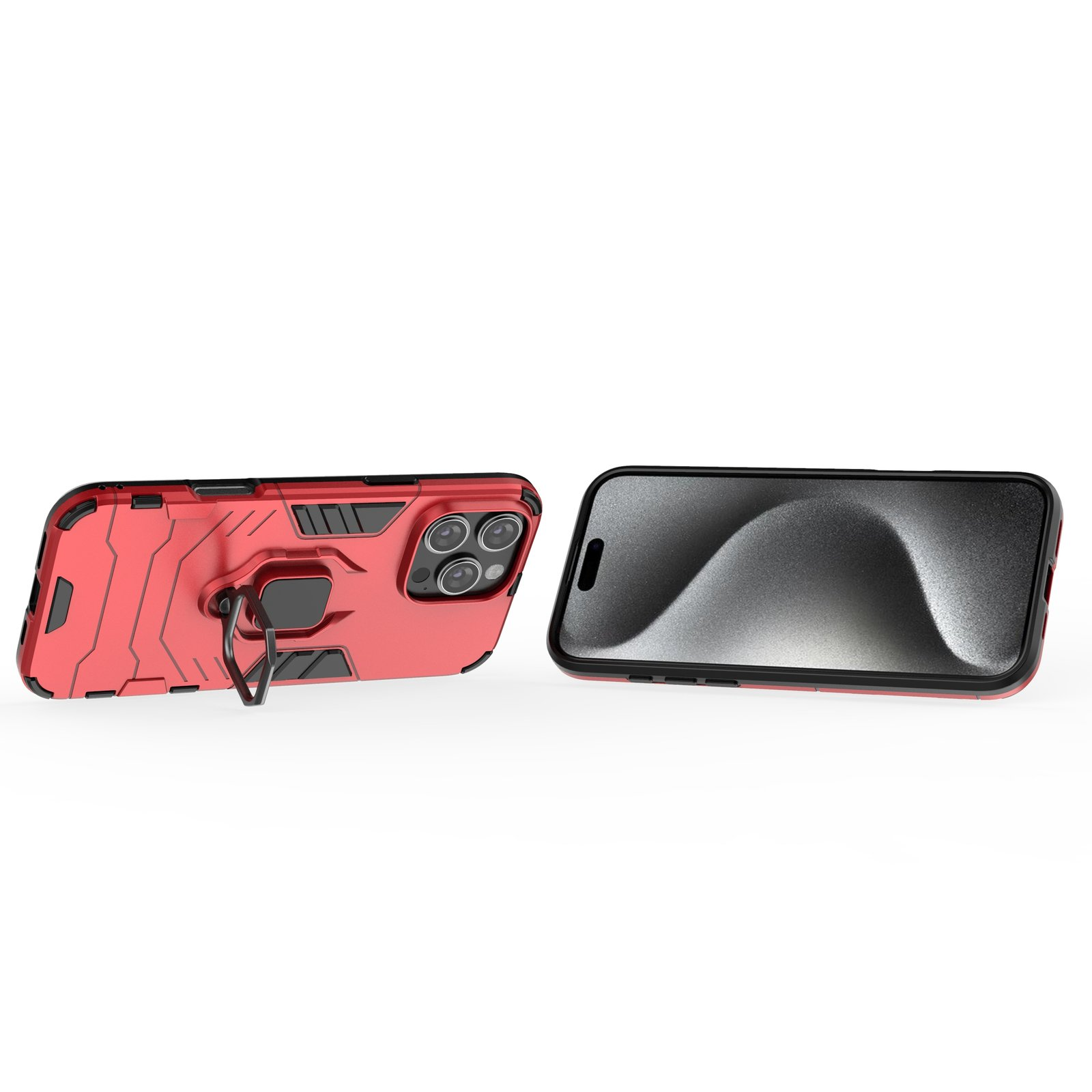 Funda de teléfono roja con un teléfono a la derecha. La pantalla del teléfono muestra un fondo borroso.
