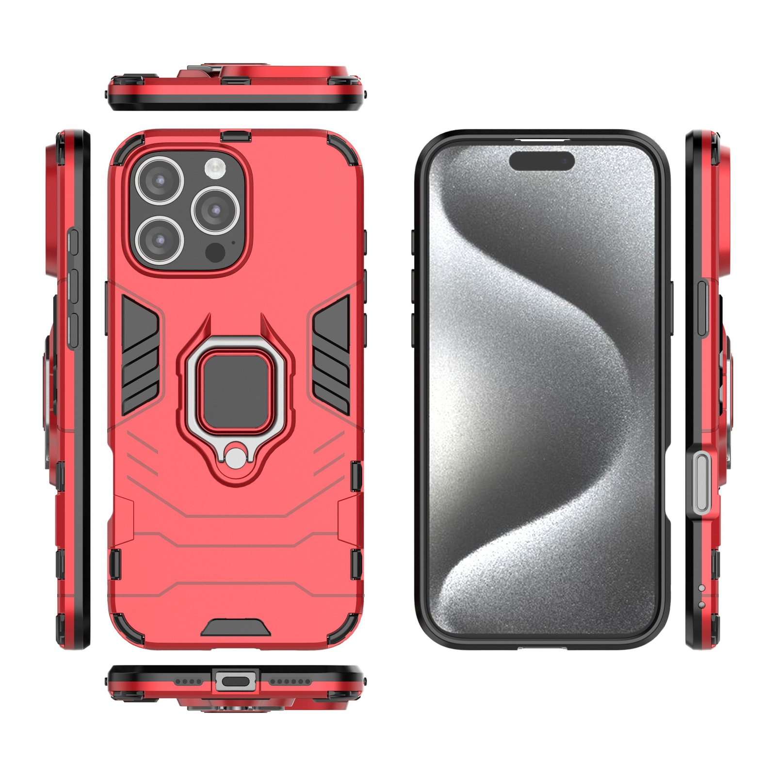 Fundas de teléfono rojas con soportes de anillo y un teléfono que muestra una pantalla. Todo sobre fondo blanco.