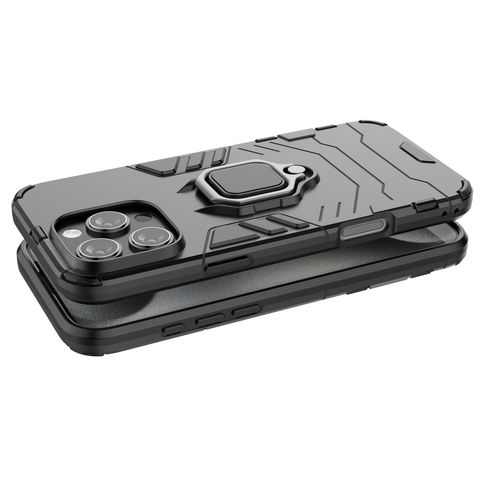 Funda negra con soporte de anillo. La funda está abierta, mostrando el interior del teléfono.