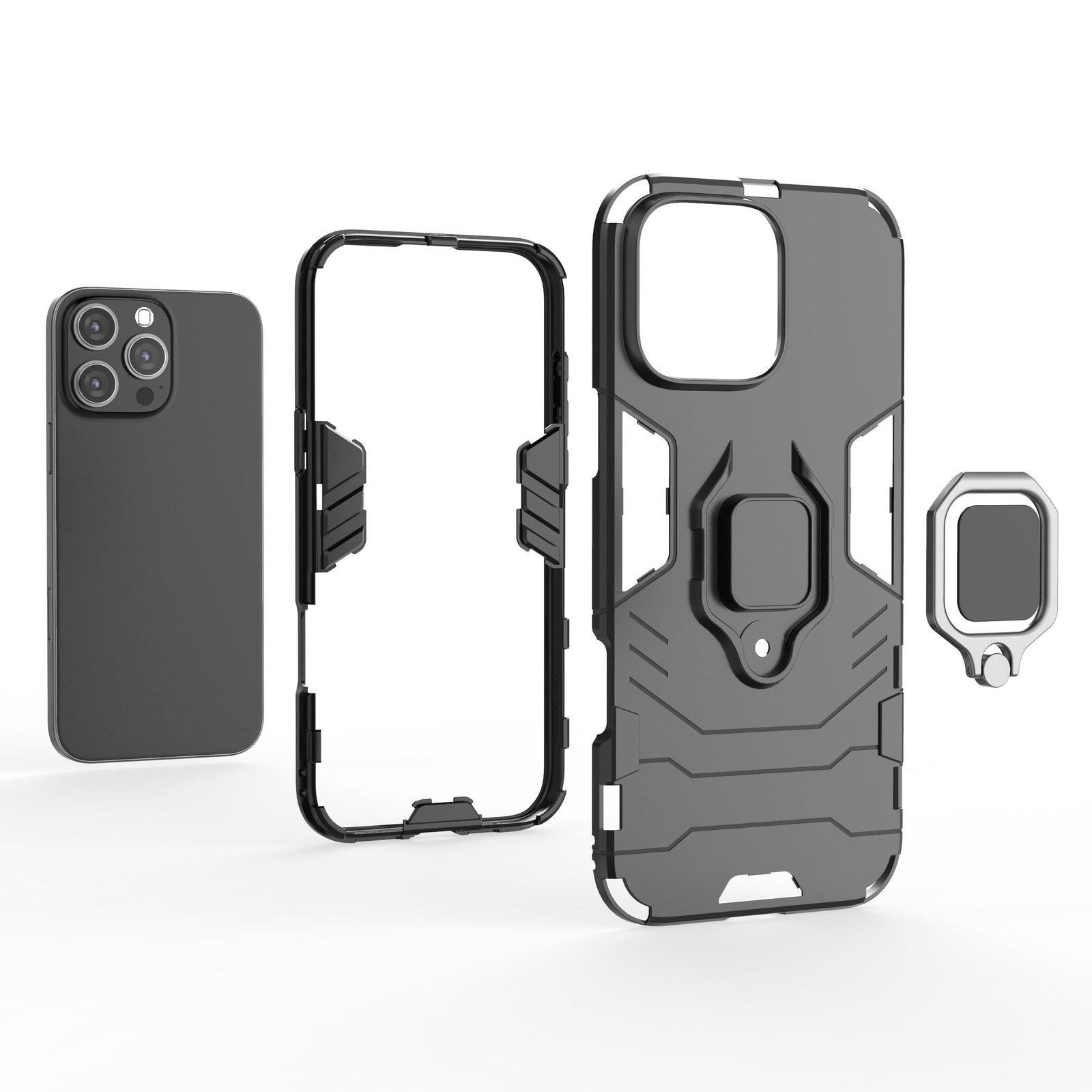 Funda de teléfono, piezas separadas, colores negro y plata, fondo blanco.