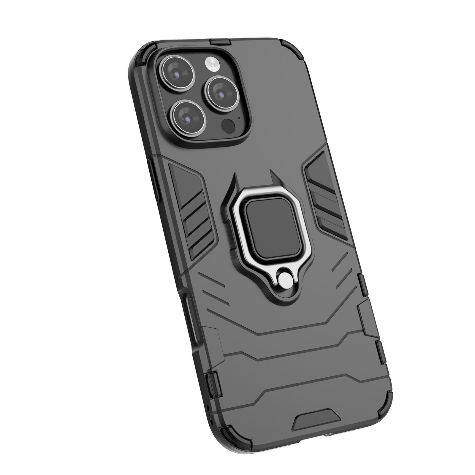 Teléfono gris oscuro con funda, soporte de anillo y cámara. Vista en ángulo muestra la funda con pantalla negra.