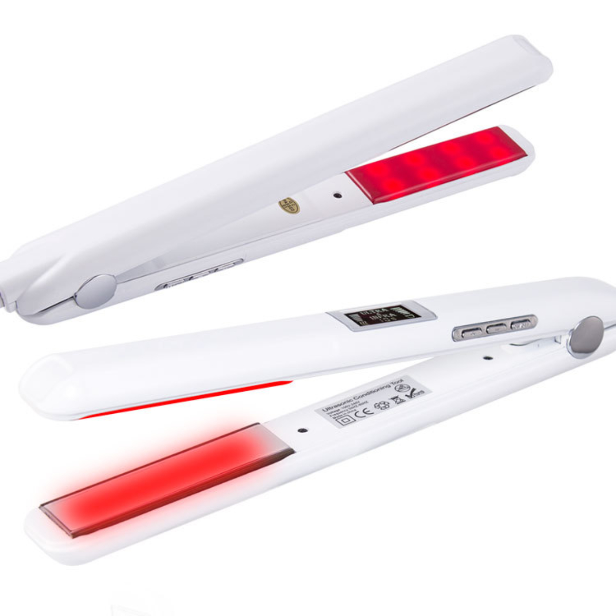 Ein weißes Haarstyling-Werkzeug mit roten Lichtpaneelen, in mehreren Winkeln gezeigt.