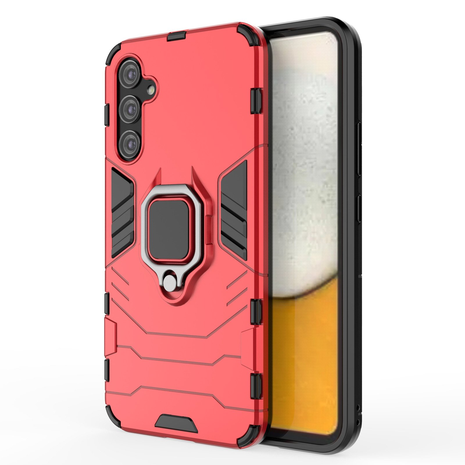 Funda roja con detalles negros, soporte de anillo. Pantalla negra y amarilla.