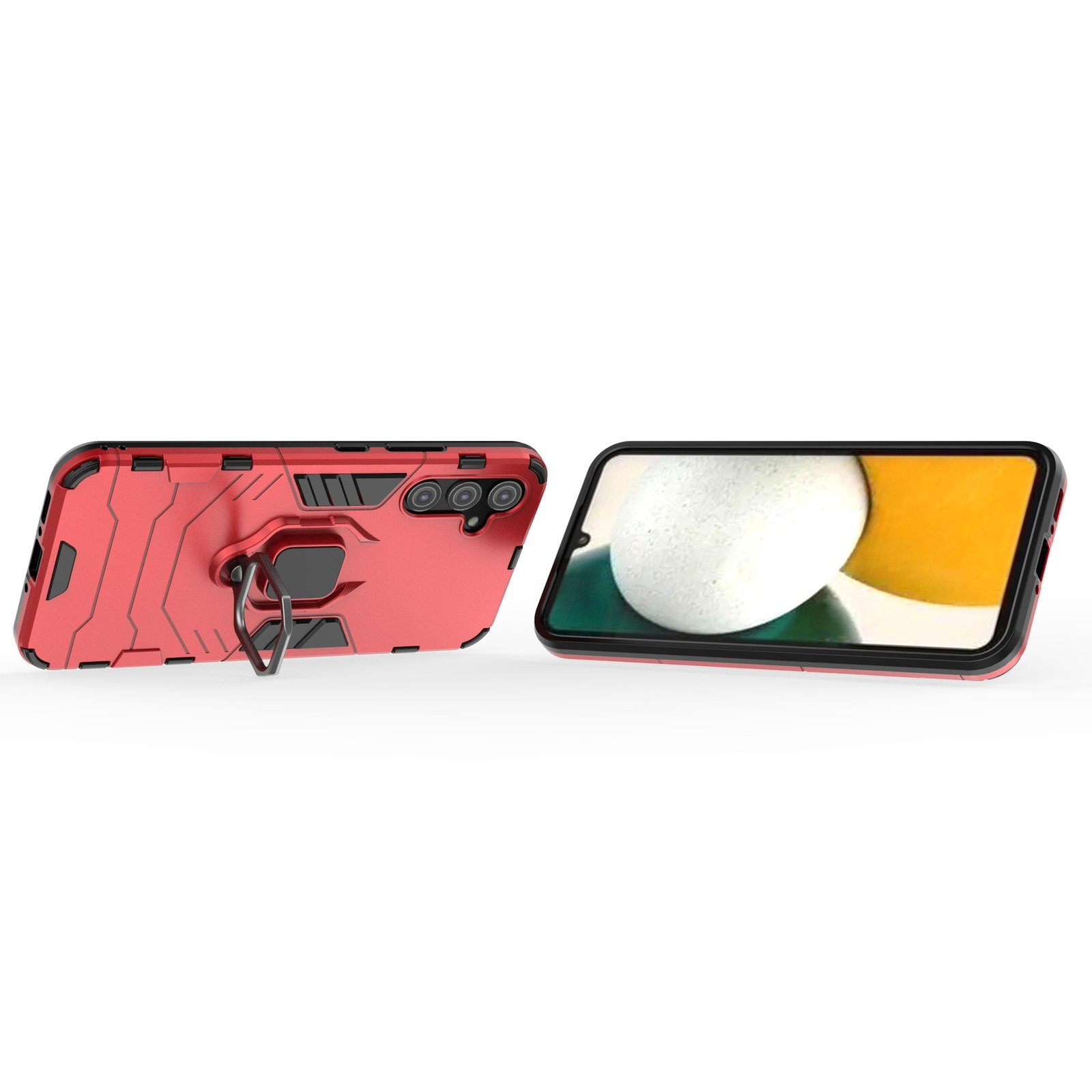 Funda roja para teléfono con soporte de anillo. Pantalla con forma blanca y amarilla.