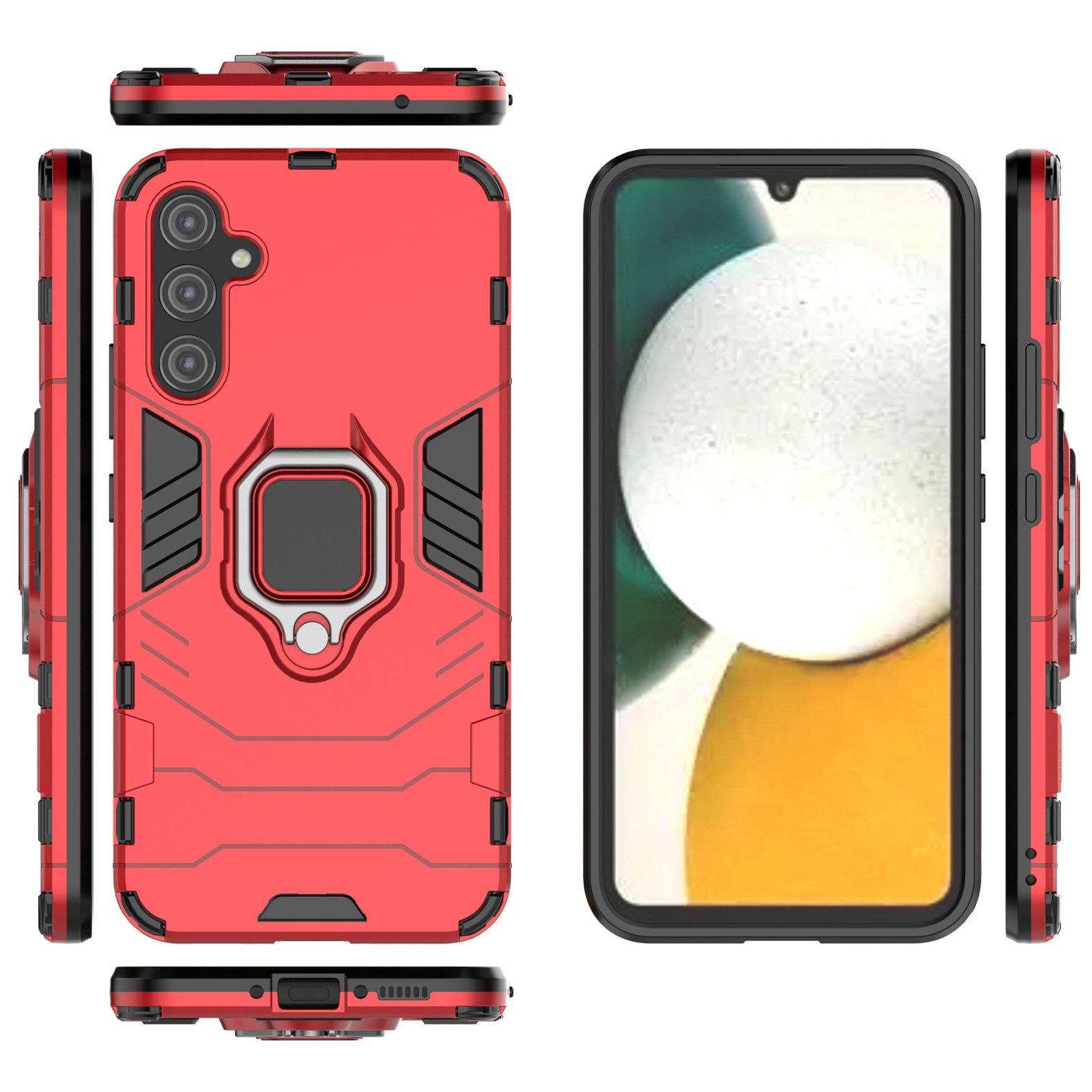Funda roja para teléfono con soporte de anillo, mostrando diferentes ángulos del teléfono, incluyendo la parte trasera y los lados.