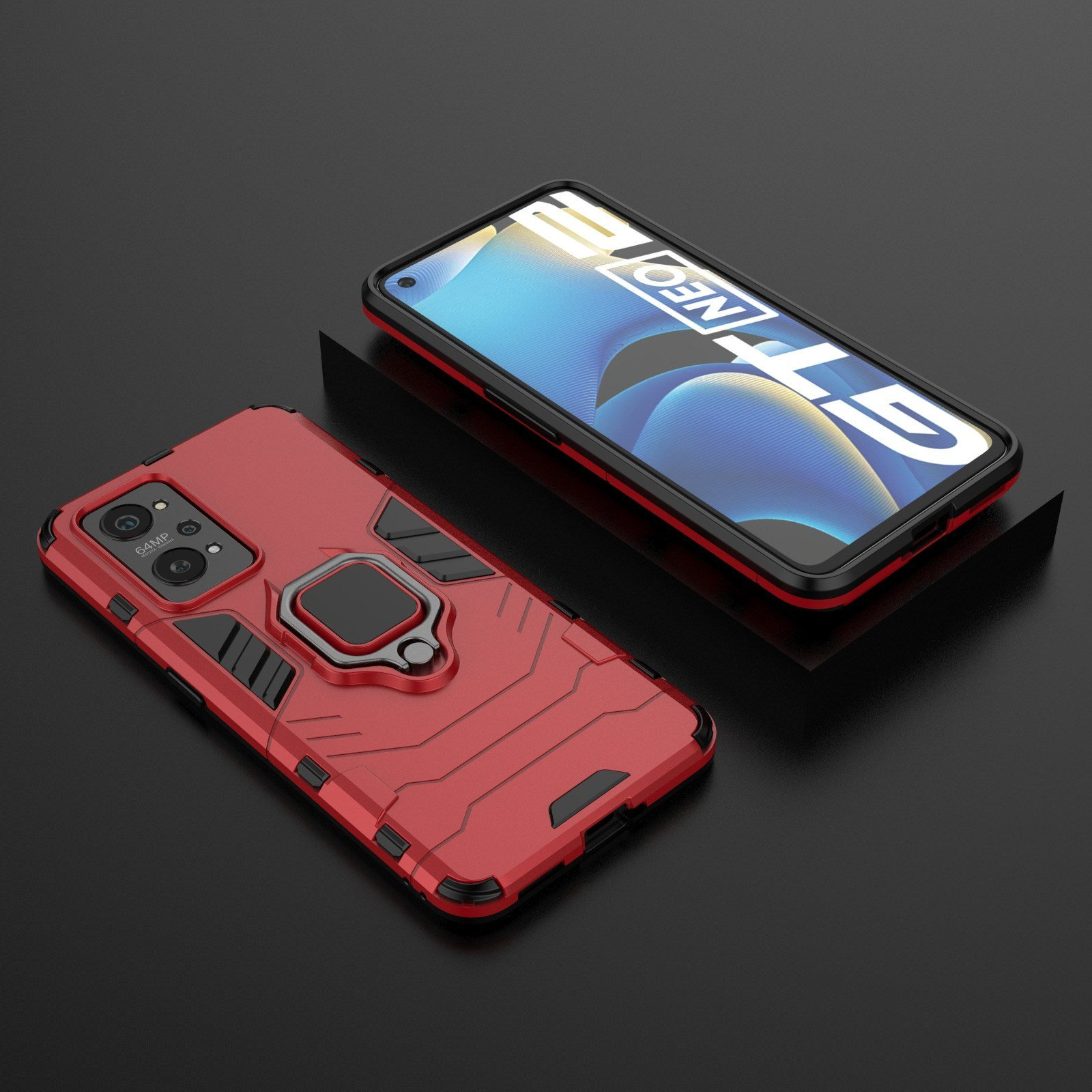 Funda de teléfono roja con soporte de anillo y un teléfono con texto en pantalla.