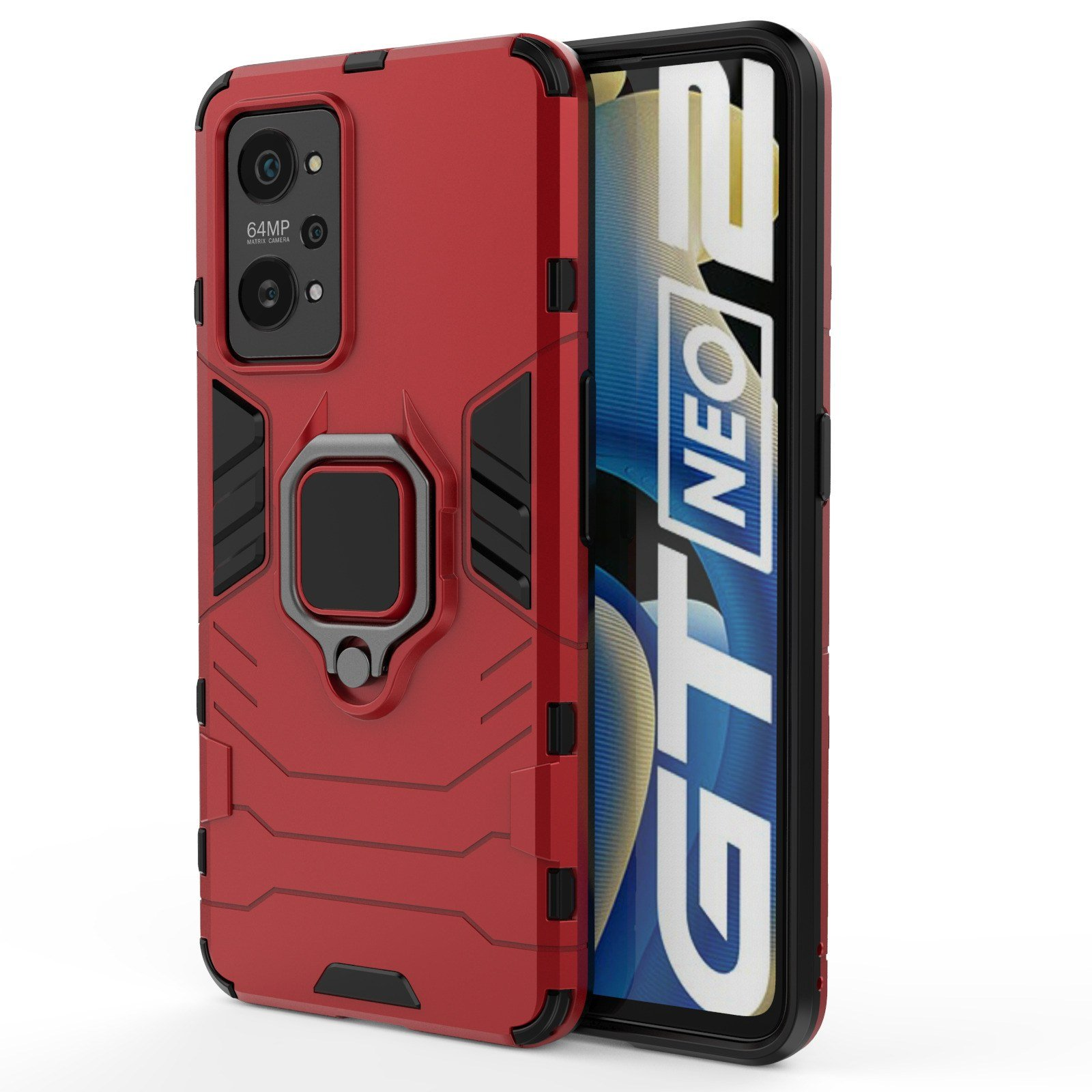 Teléfono con funda roja. La funda tiene soporte de anillo. Pantalla del teléfono visible. Teléfono en ángulo.