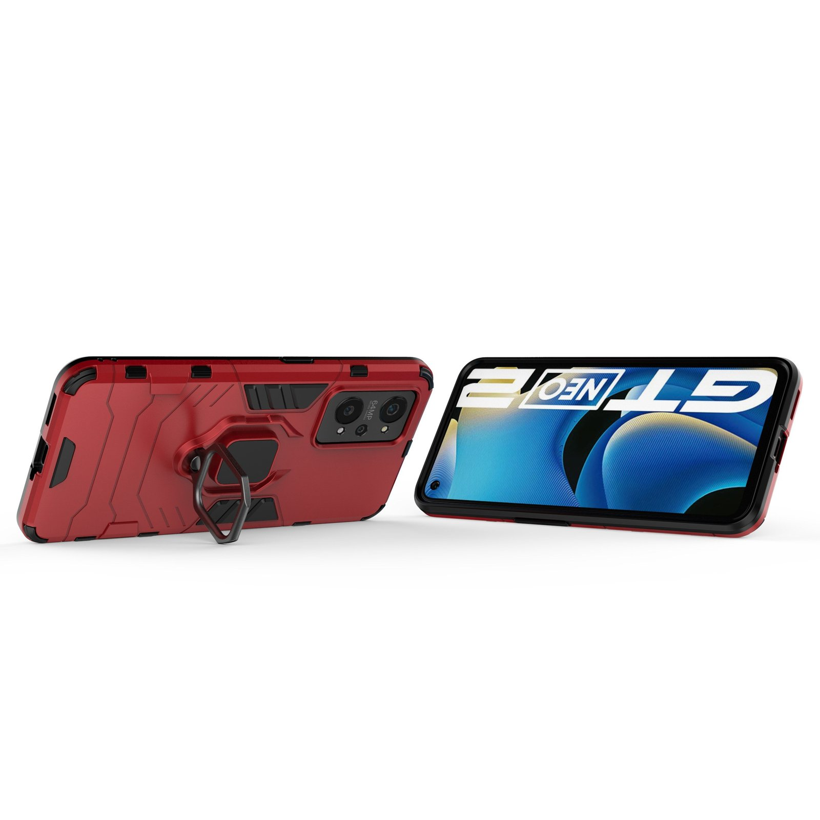 Dos fundas rojas para teléfono, una con teléfono mostrando la pantalla, otra cerrada.