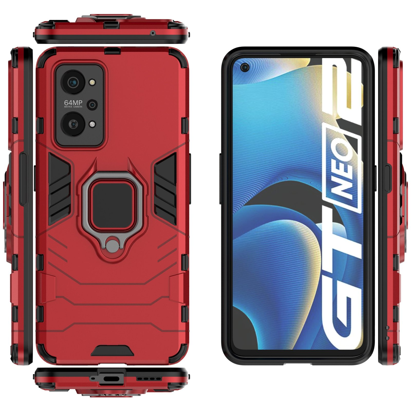 Una funda roja para teléfono con soporte de anillo. El teléfono está en la funda. El fondo es blanco.