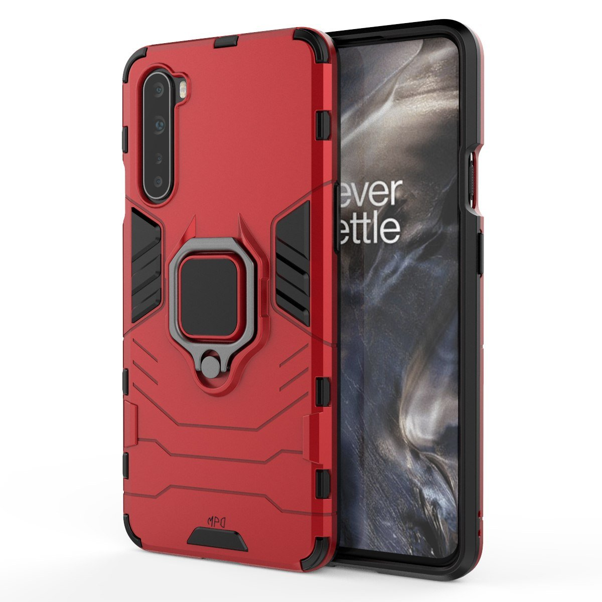 Funda roja para teléfono con soporte de anillo. Un teléfono está a la derecha.