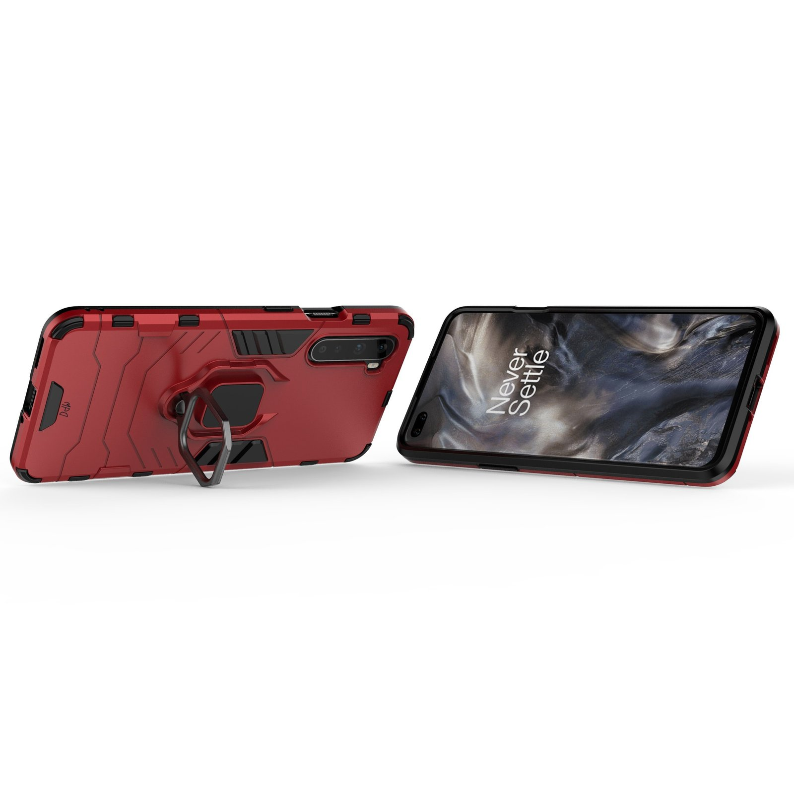 Dos fundas rojas para teléfono y un teléfono, la pantalla muestra un fondo en blanco y negro.