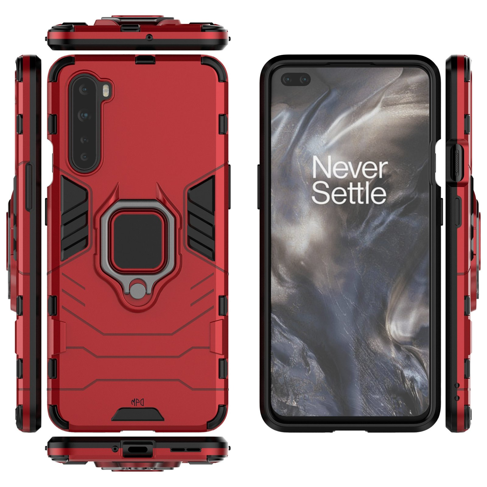 Fundas de teléfono rojas con soportes de anillo y un teléfono que muestra una pantalla. Todo sobre fondo blanco.