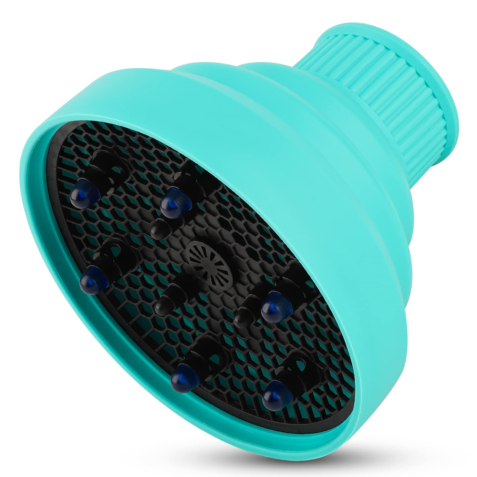 Türkisfarbener Haartrockner-Diffusor mit schwarzem Wabenmuster und blauen Spitzen.