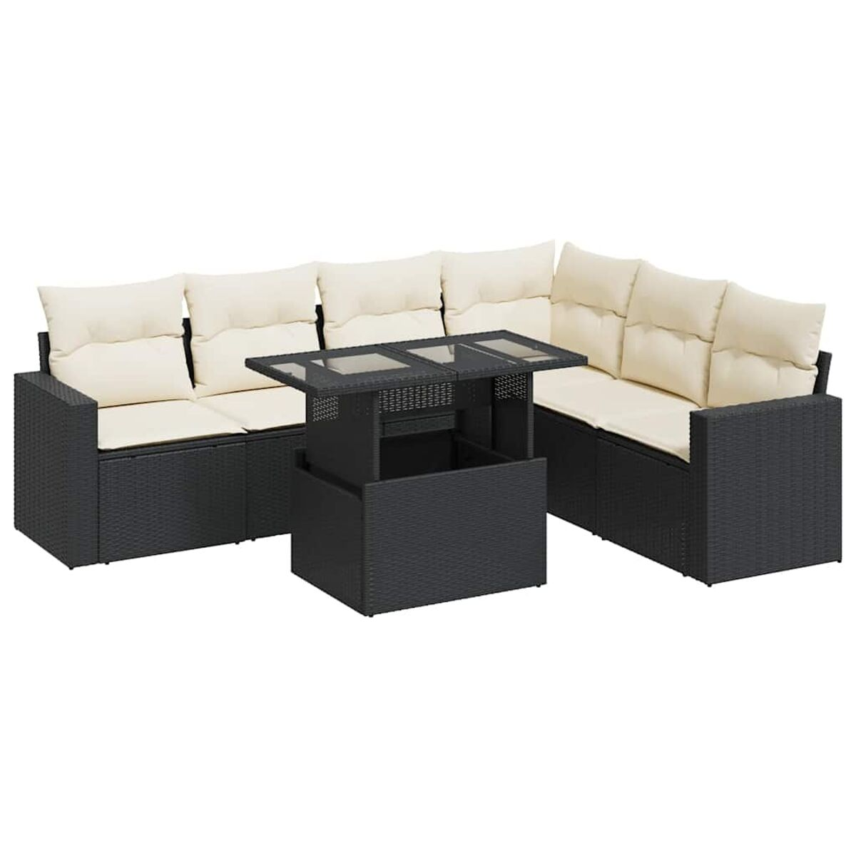 Divano componibile da esterno in rattan nero con cuscini color crema e tavolo.