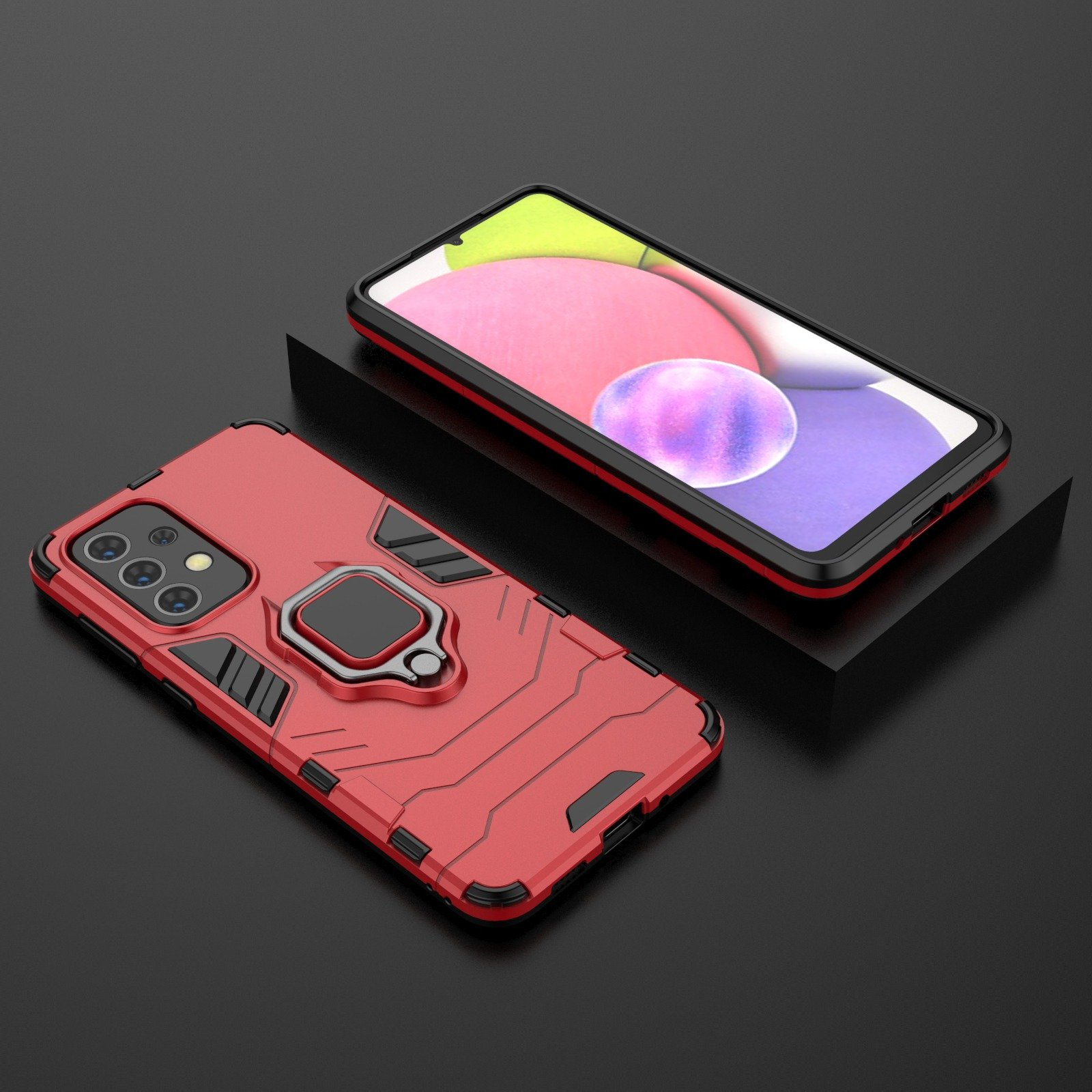 Una funda roja para teléfono y un teléfono, la pantalla muestra un fondo colorido.