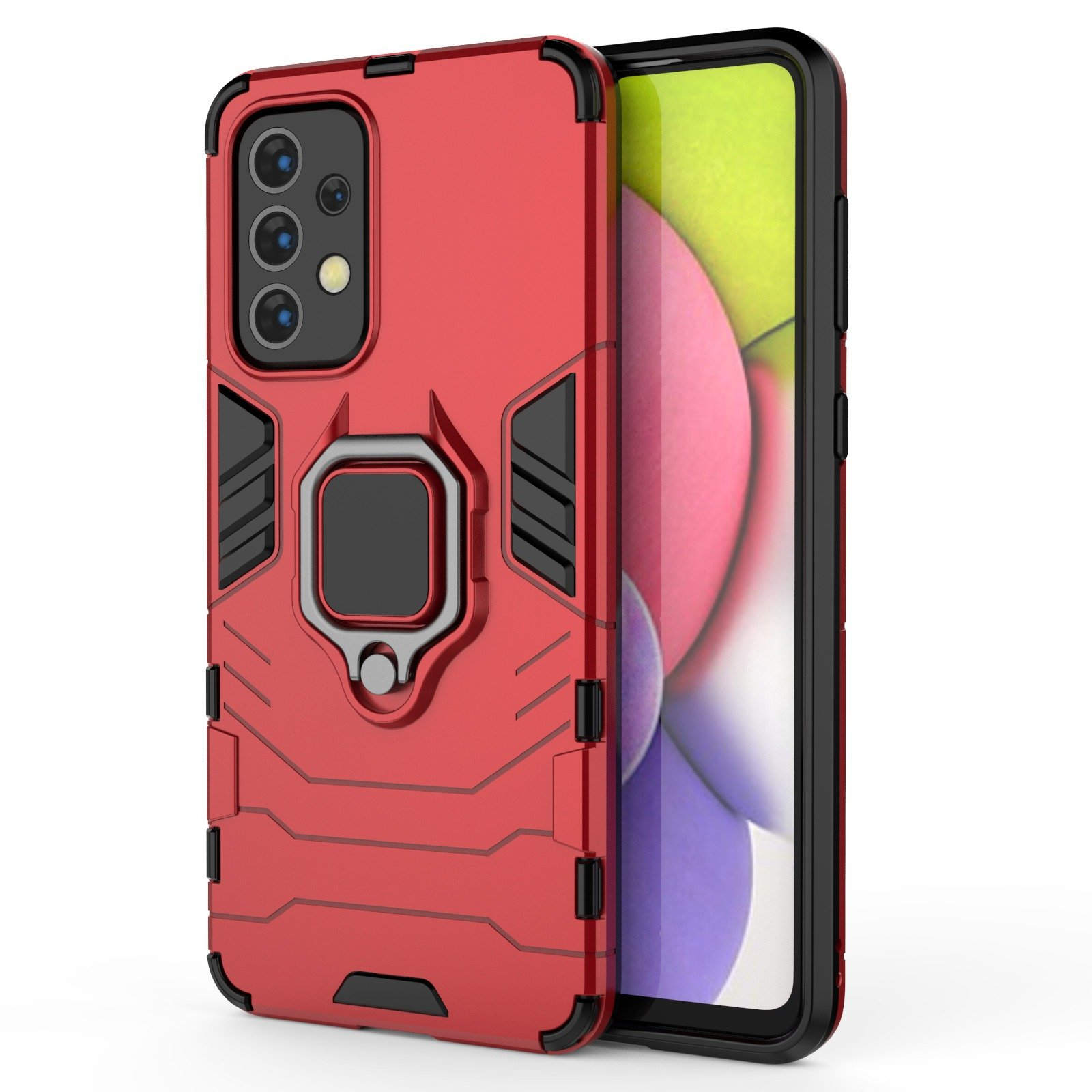 Funda de teléfono roja. Un teléfono está dentro de la funda. La funda tiene detalles negros.