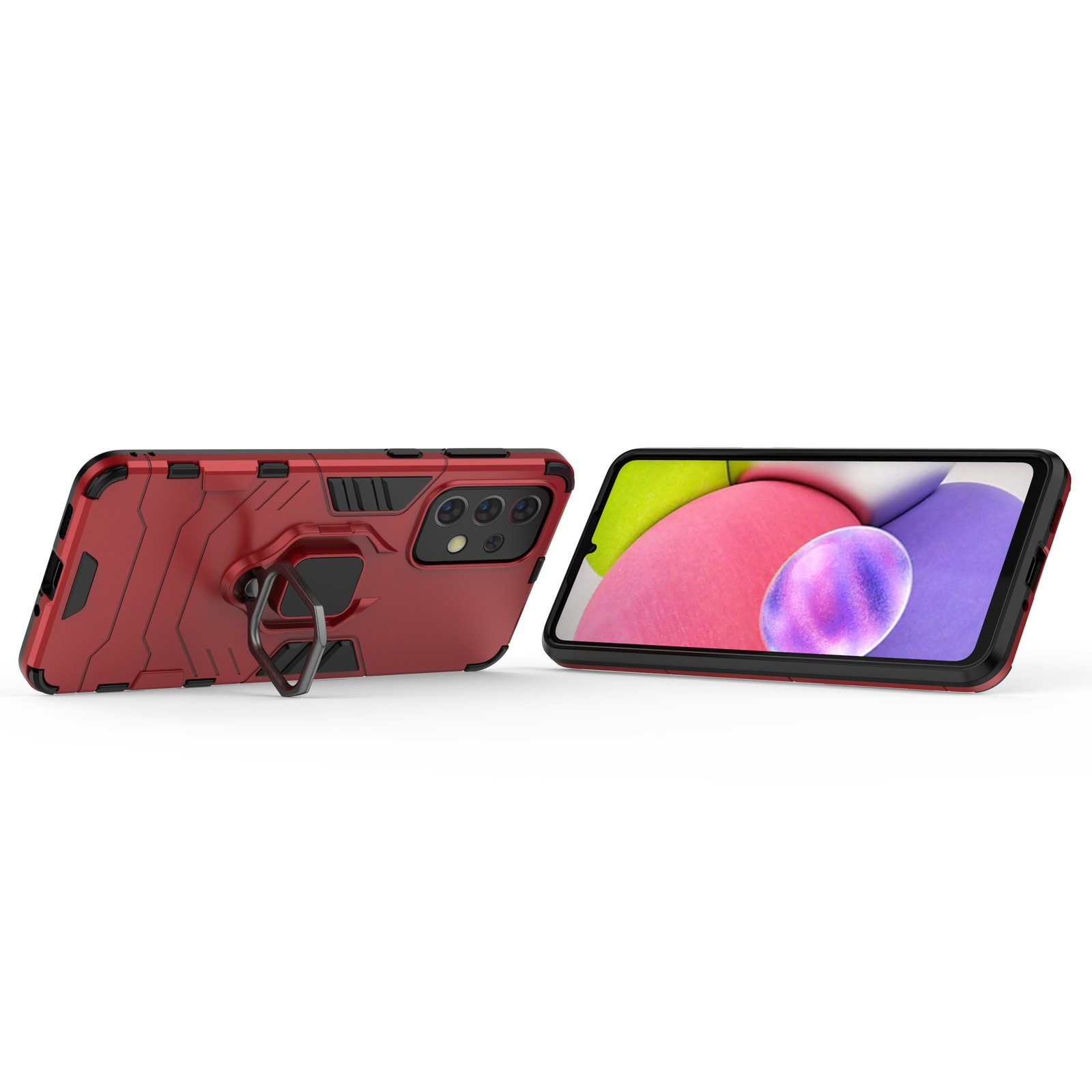 Funda de teléfono roja y teléfono en superficie. Funda con soporte de anillo, teléfono mostrando un patrón rosa y morado.