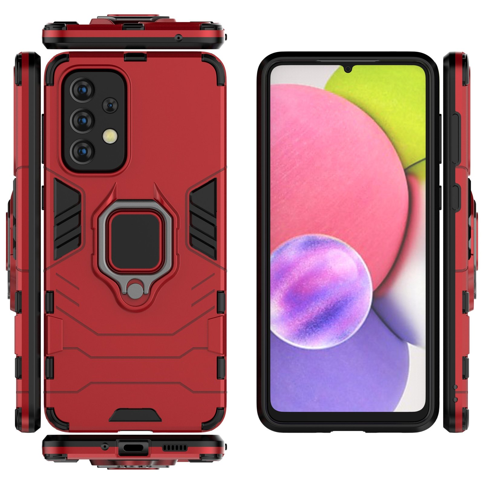 Tres vistas de una funda roja para teléfono y un teléfono con pantalla rosa. Fondo blanco.