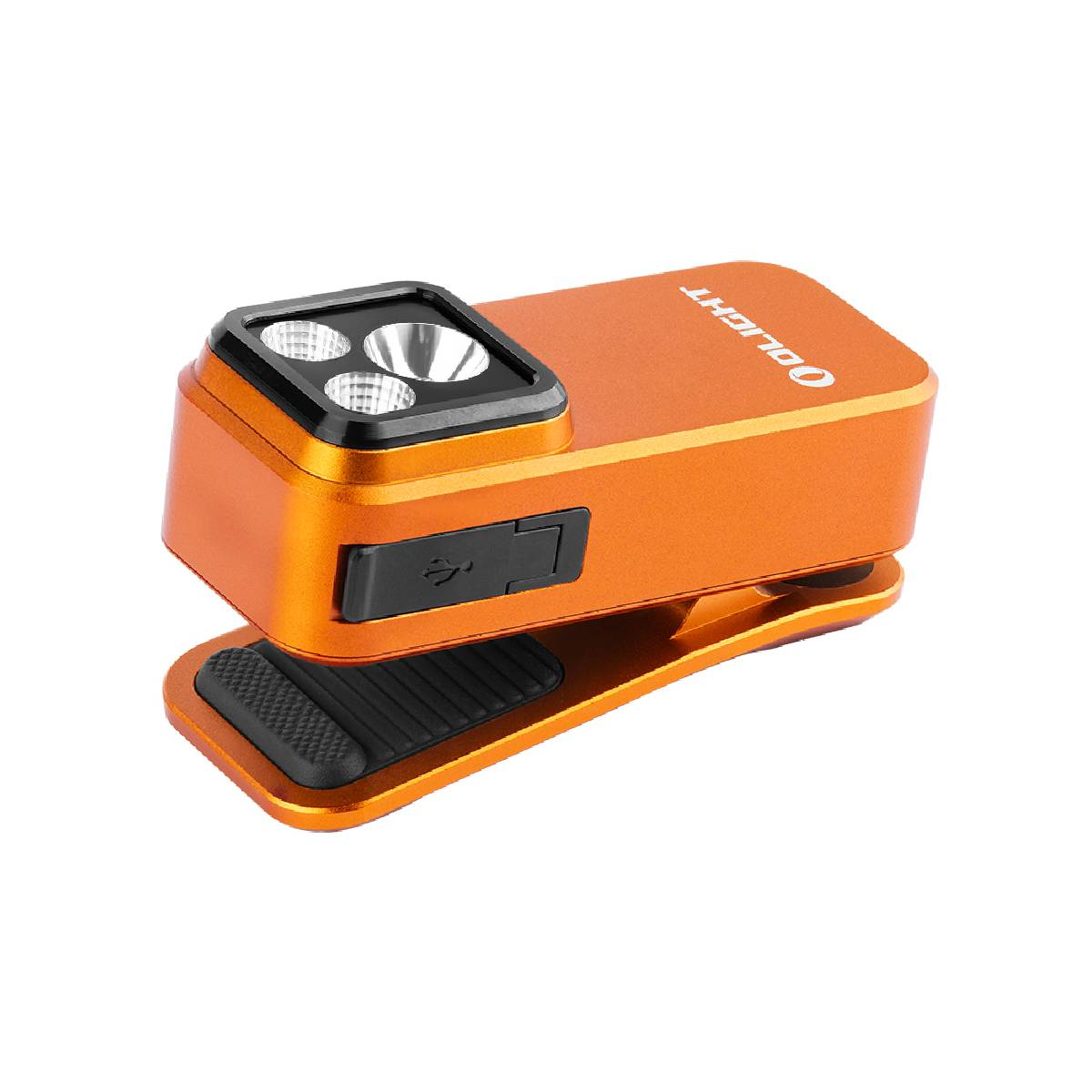 Orangene, rechteckige Taschenlampe mit Clip, auf weißem Hintergrund.