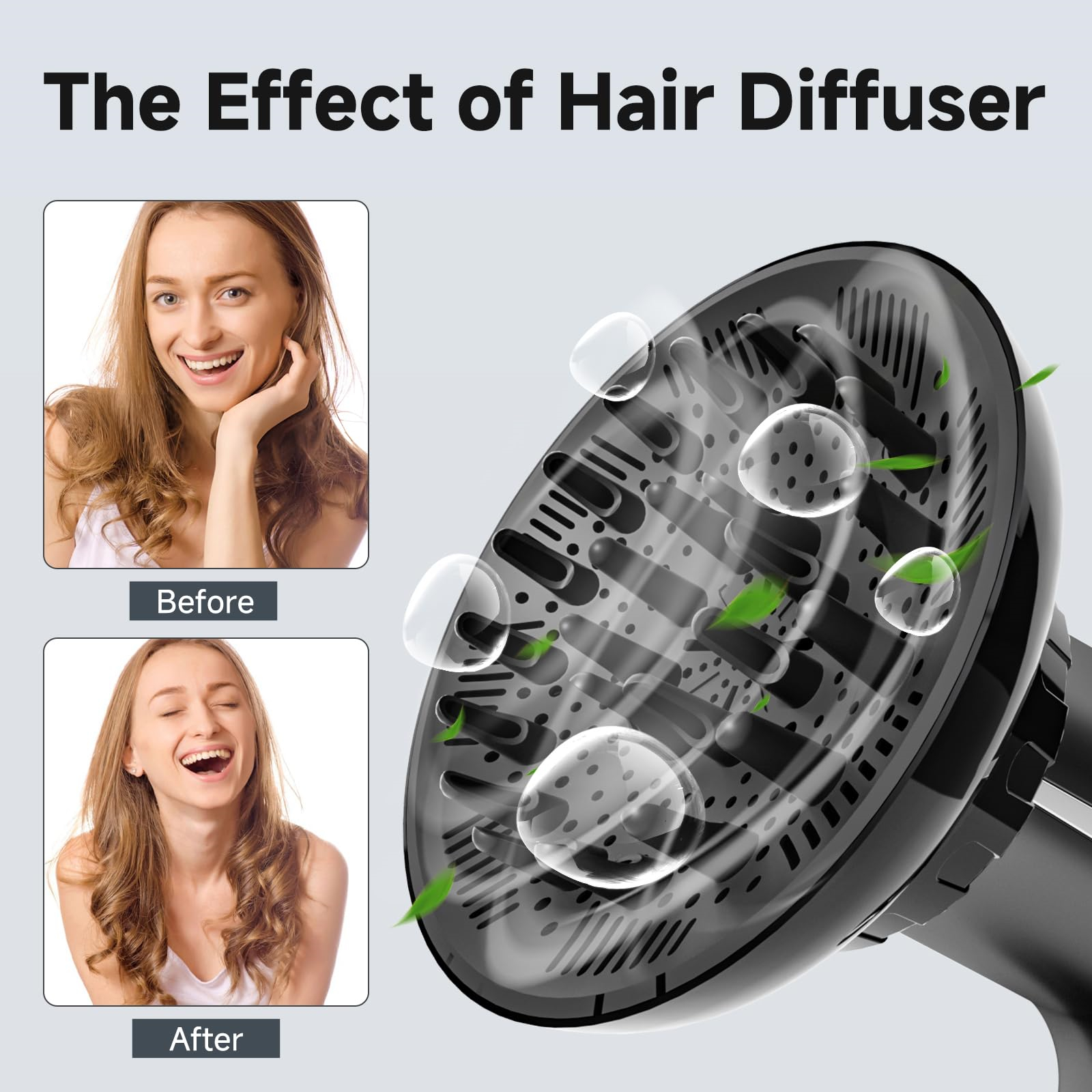 Vorher- und Nachher-Fotos einer Frau mit Haardiffusor. Vorher: welliges Haar. Nachher: definiertere Locken. Diffusor sichtbar.