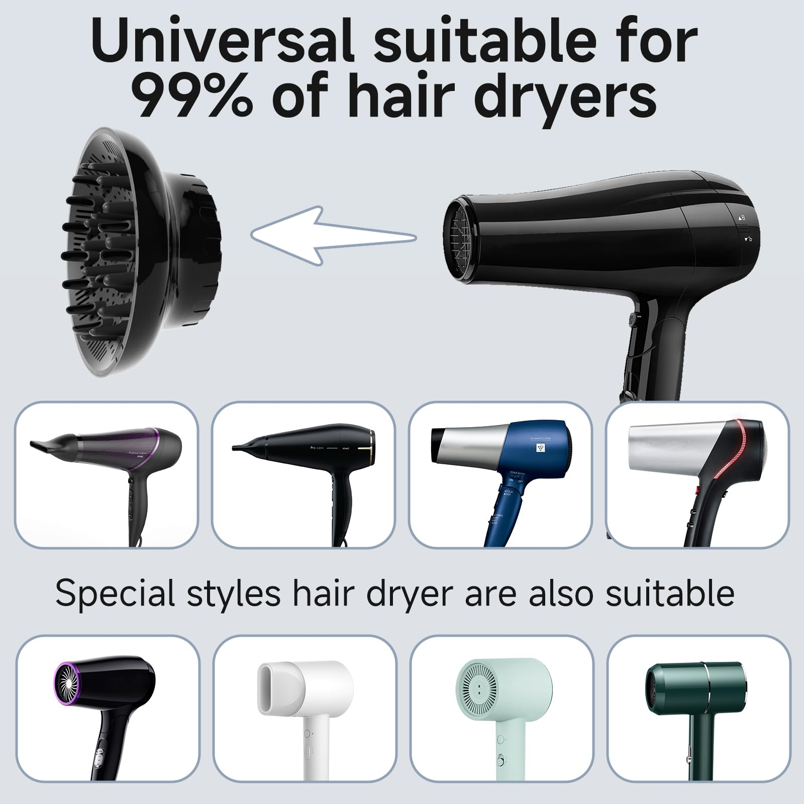 Werbung zeigt verschiedene Haartrockner und einen Diffusor. Text sagt: 'Universell passend für 99% der Haartrockner'.